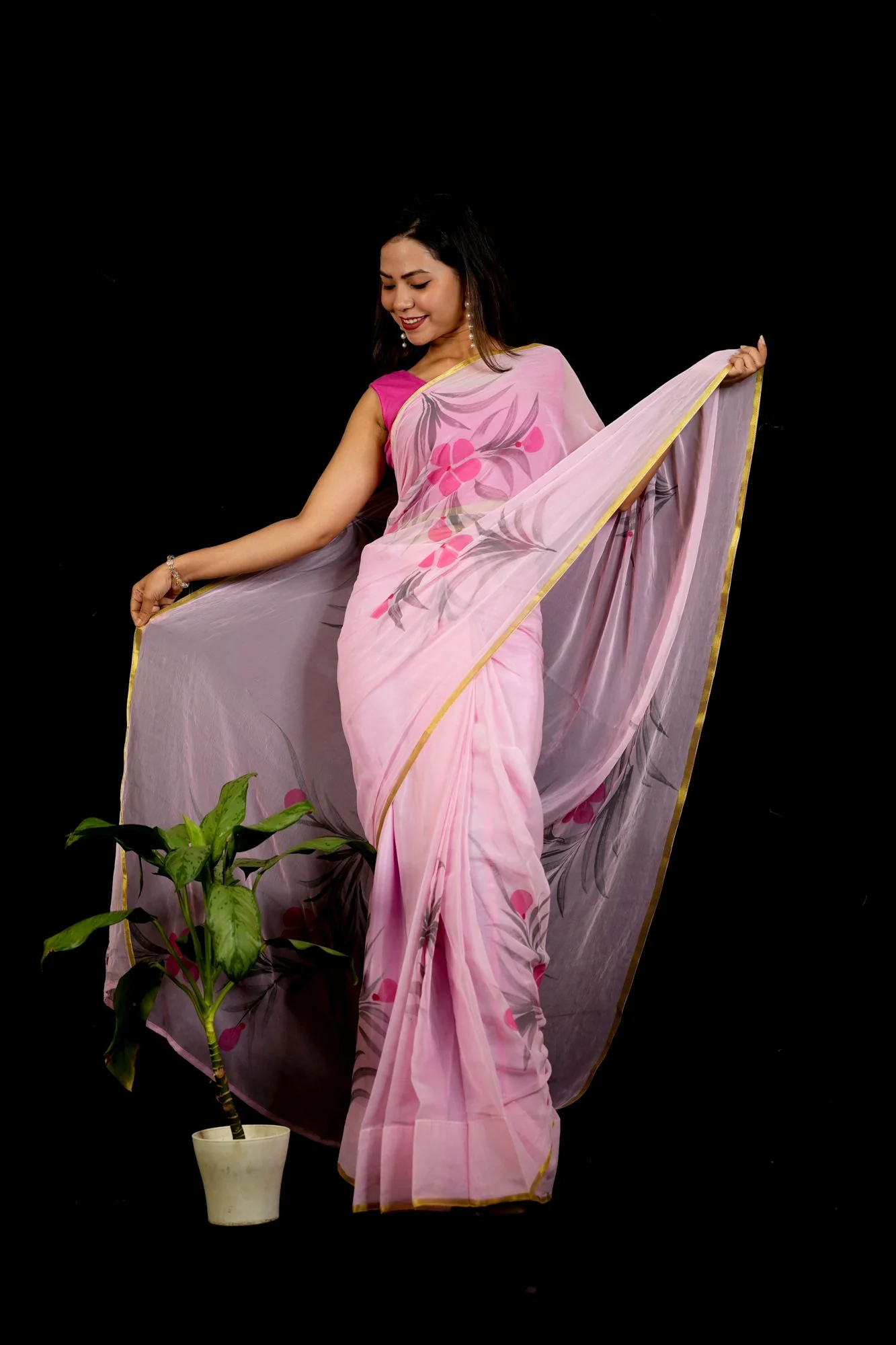 Chiffon Pink Hand-Painted with Delicate Florals & Zari Elegance Ready To Wear Saree - Image 5