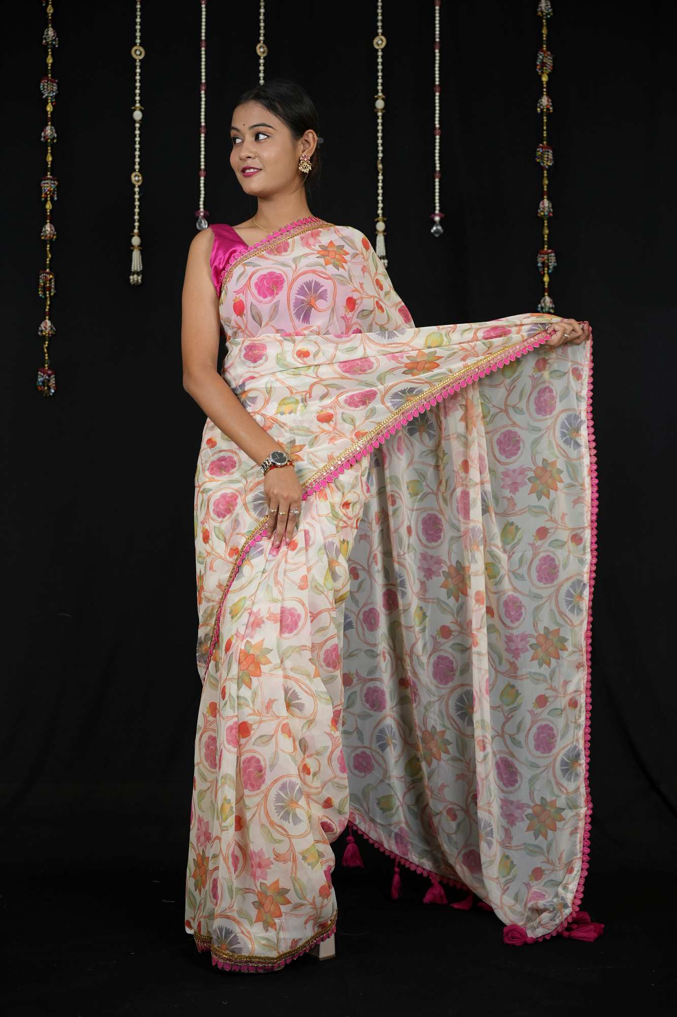 Chiffon with Floral Print and Lace Border in Off-White Ready To Wear Saree - Image 7