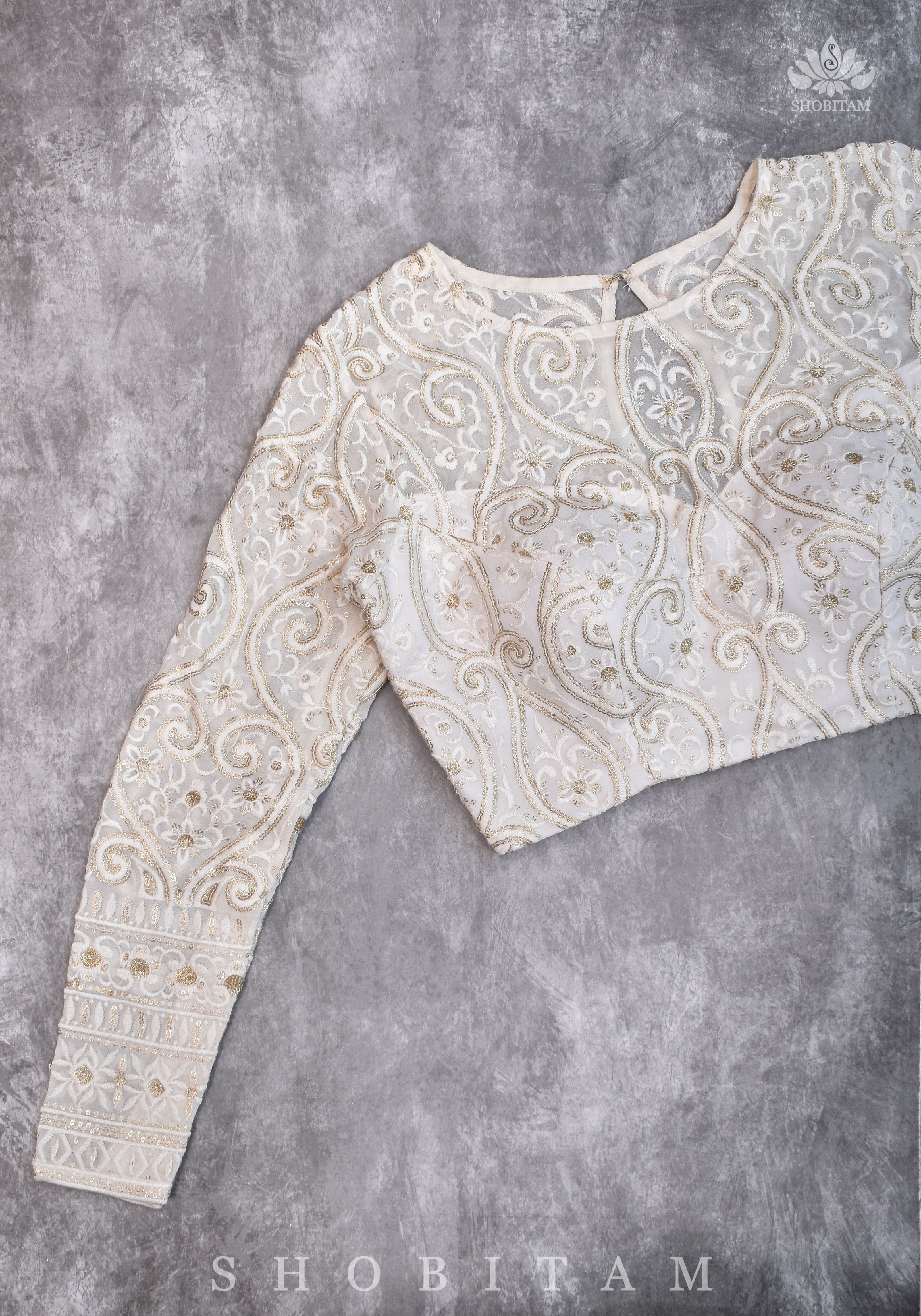 Chikankari style Full Jaal machine embroidered full sleeves blouse in Ivory Georgette with Gold tone highlights | Shobitam - Image 11