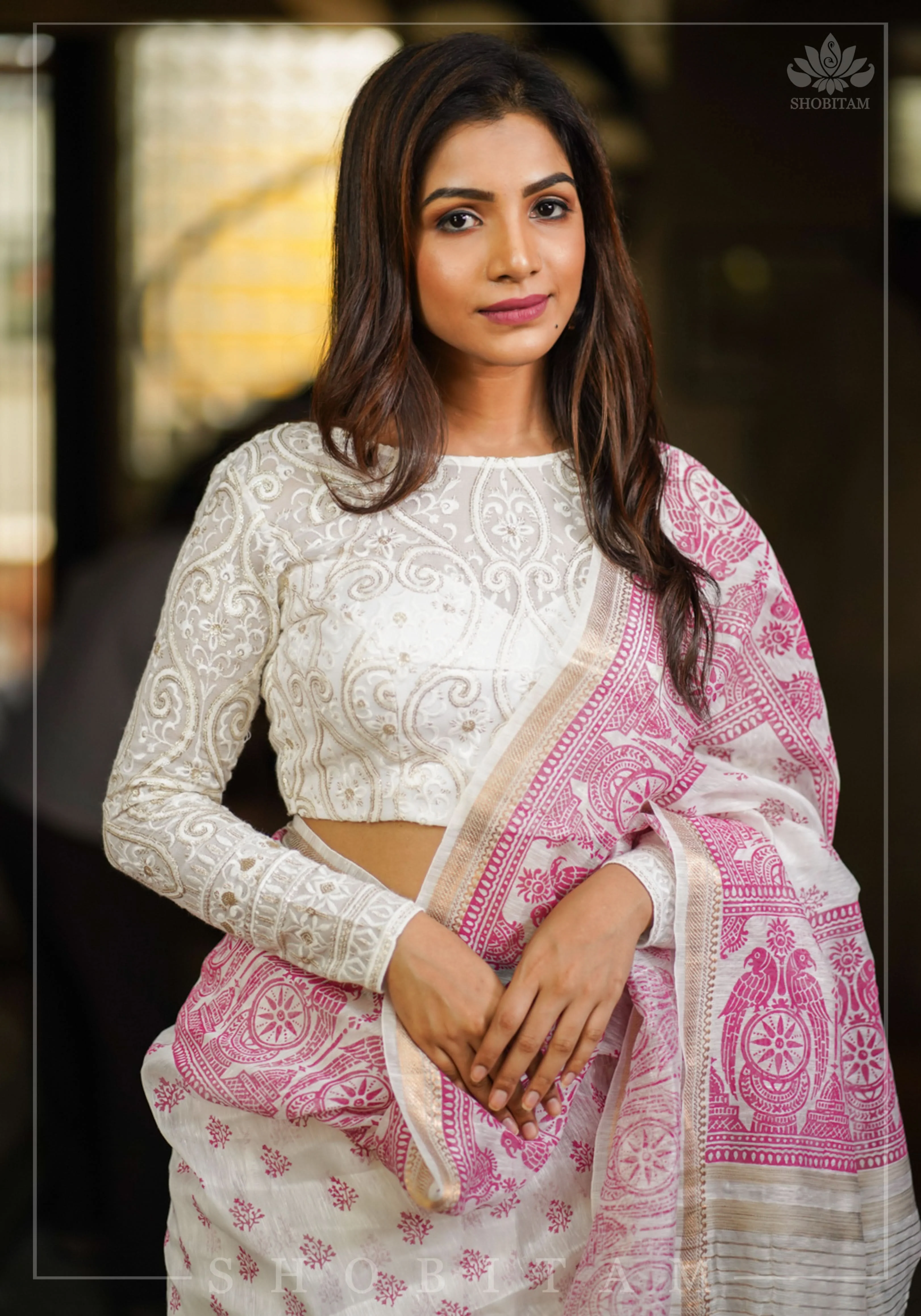 Chikankari style Full Jaal machine embroidered full sleeves blouse in Ivory Georgette with Gold tone highlights | Shobitam - Image 4