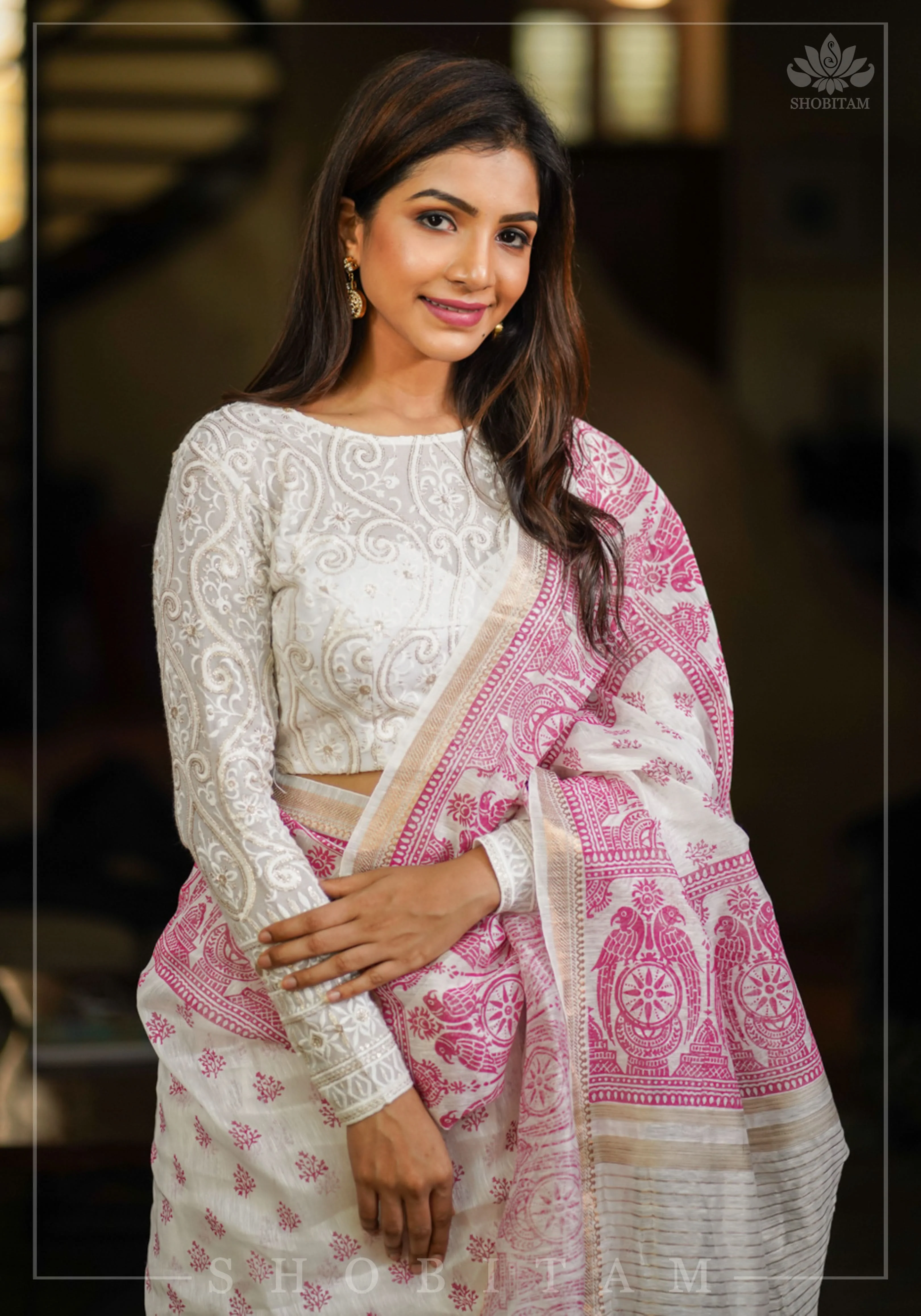 Chikankari style Full Jaal machine embroidered full sleeves blouse in Ivory Georgette with Gold tone highlights | Shobitam - Image 6