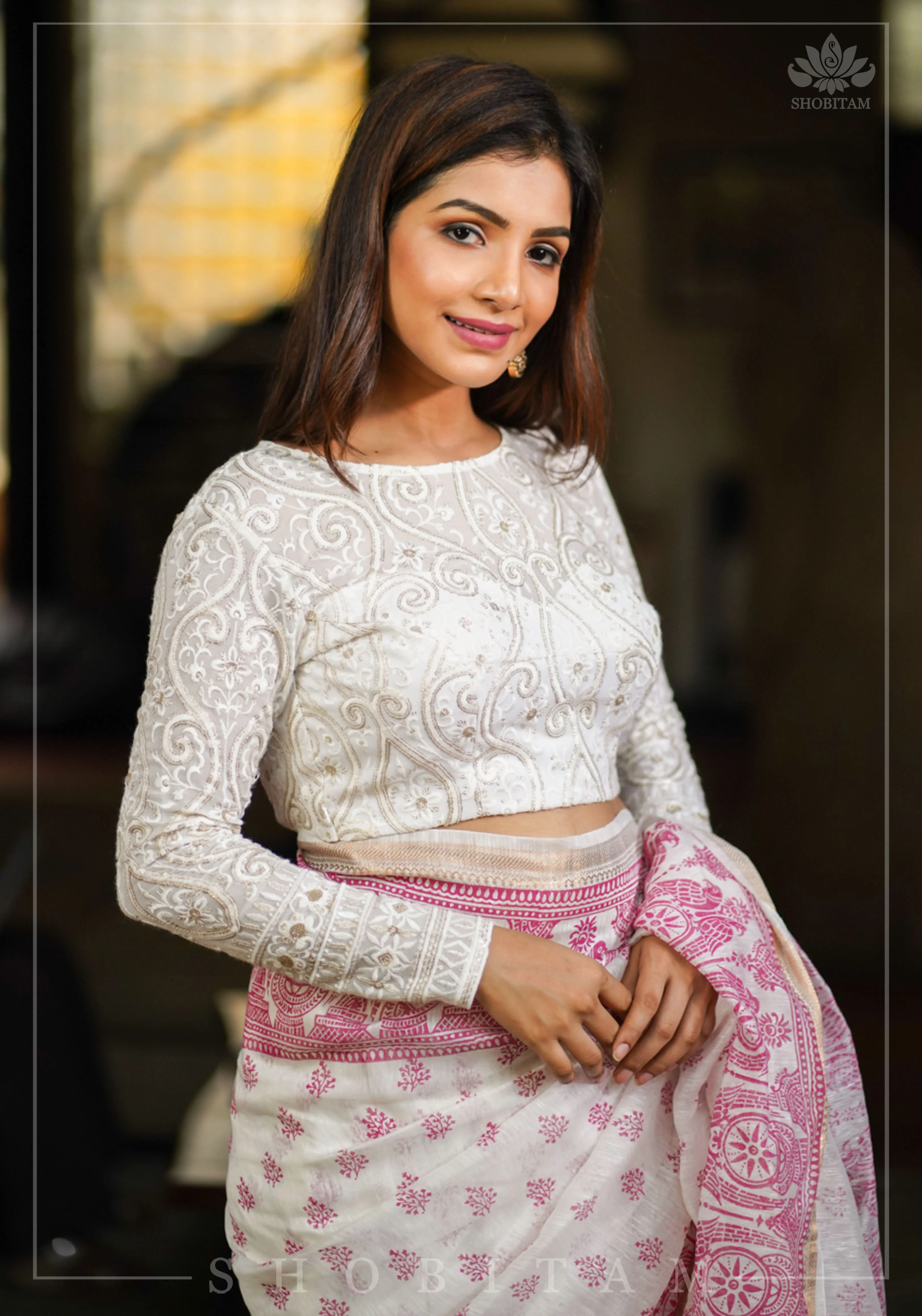 Chikankari style Full Jaal machine embroidered full sleeves blouse in Ivory Georgette with Gold tone highlights | Shobitam - Image 7