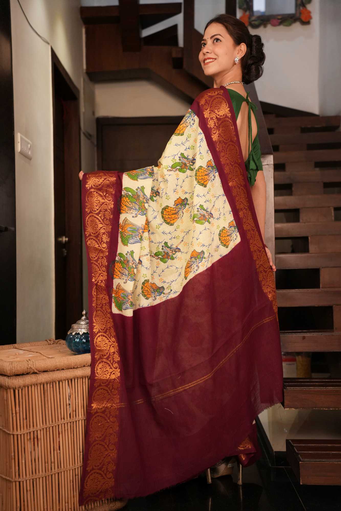 Chinnalapatti Kalamkari With Contrast Zari Woven Border & Palla Ready To Wear Saree - Image 2
