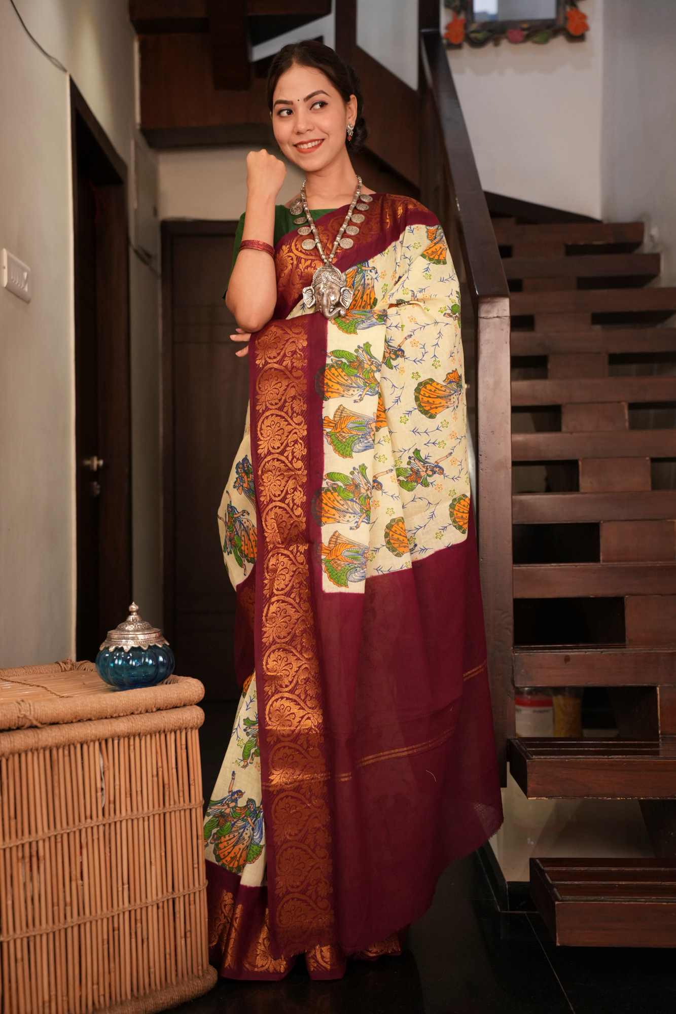 Chinnalapatti Kalamkari With Contrast Zari Woven Border & Palla Ready To Wear Saree - Image 3