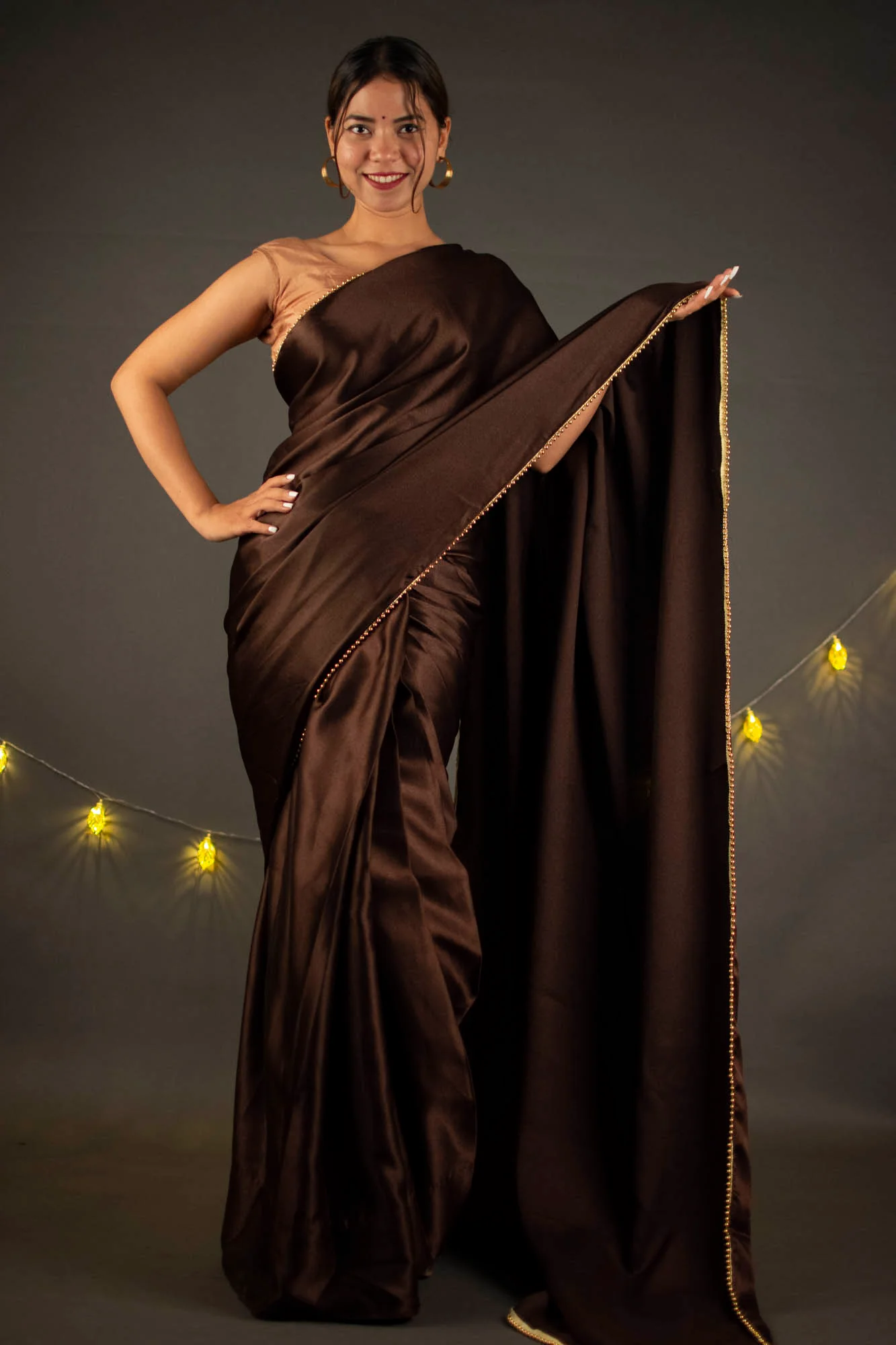 Chocolate brown satin wrap in 1 minute with moti lace - Image 4