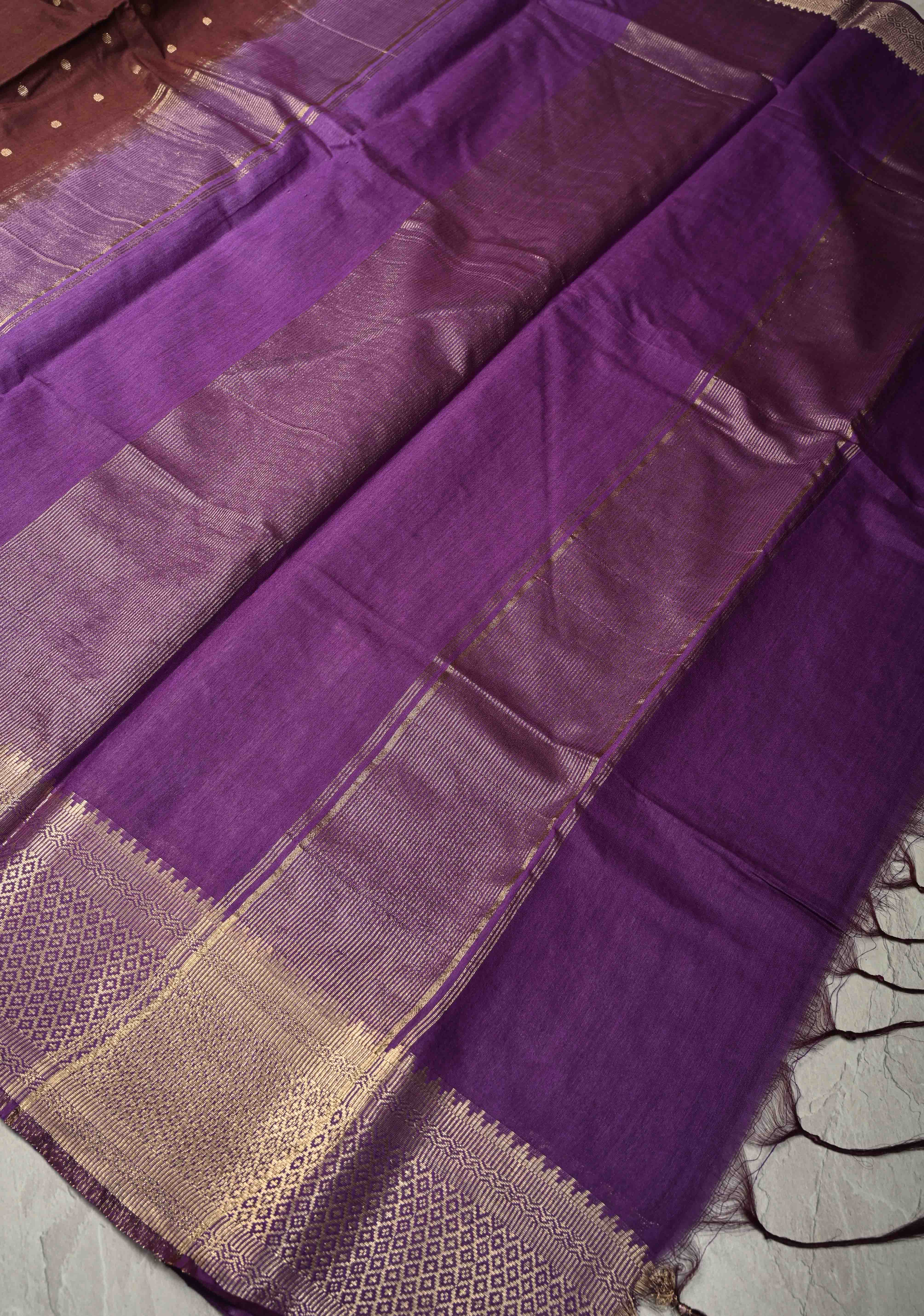 Chocolate Brown Semi Tussar Saree with Zari Polka Dots and Contrast Zari Border | Shobitam - Image 7