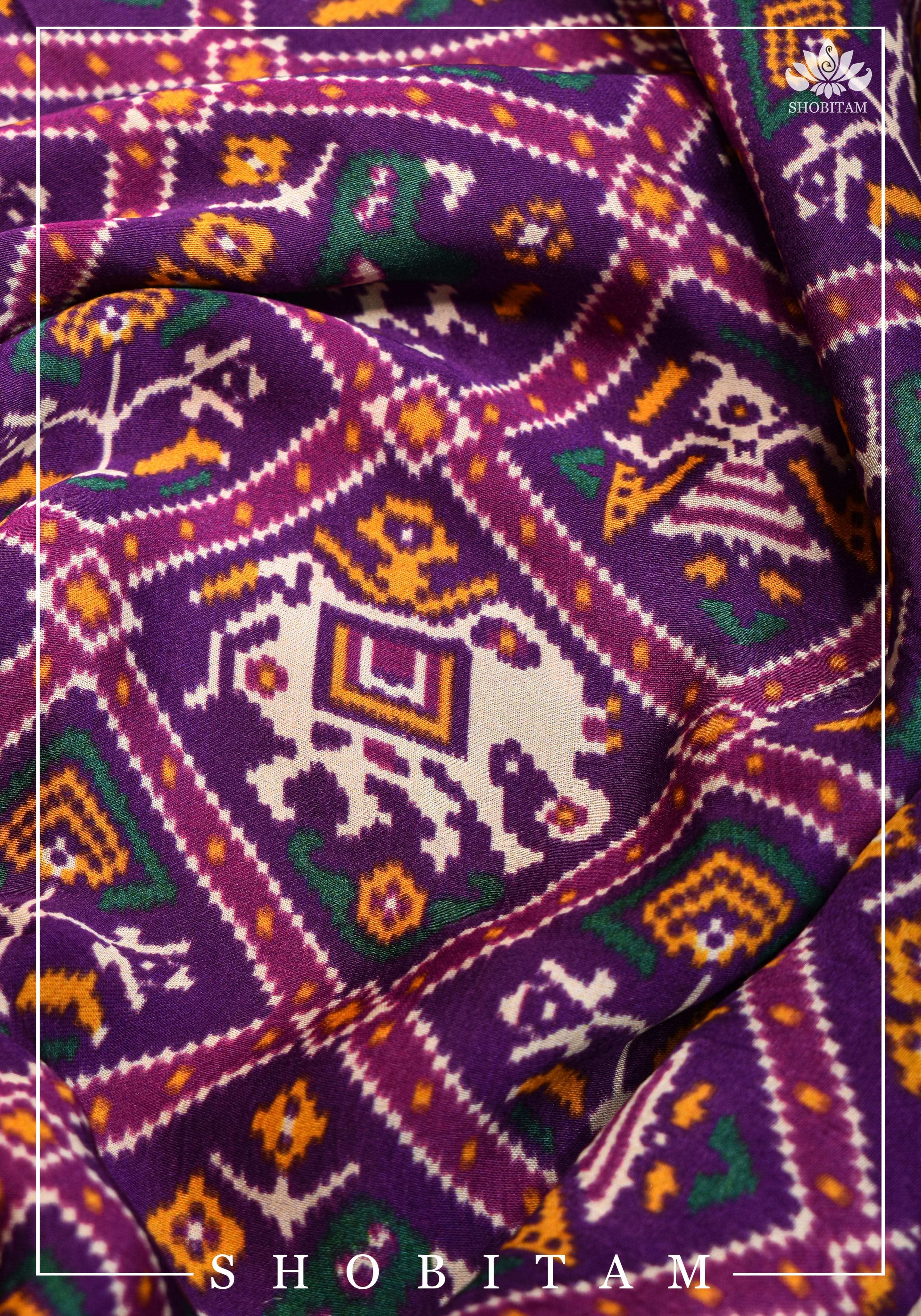 Purple tone Gajji Silk Saree with Gotta Patti Border and Patola Digital Print | Sarees by Shobitam - Image 3