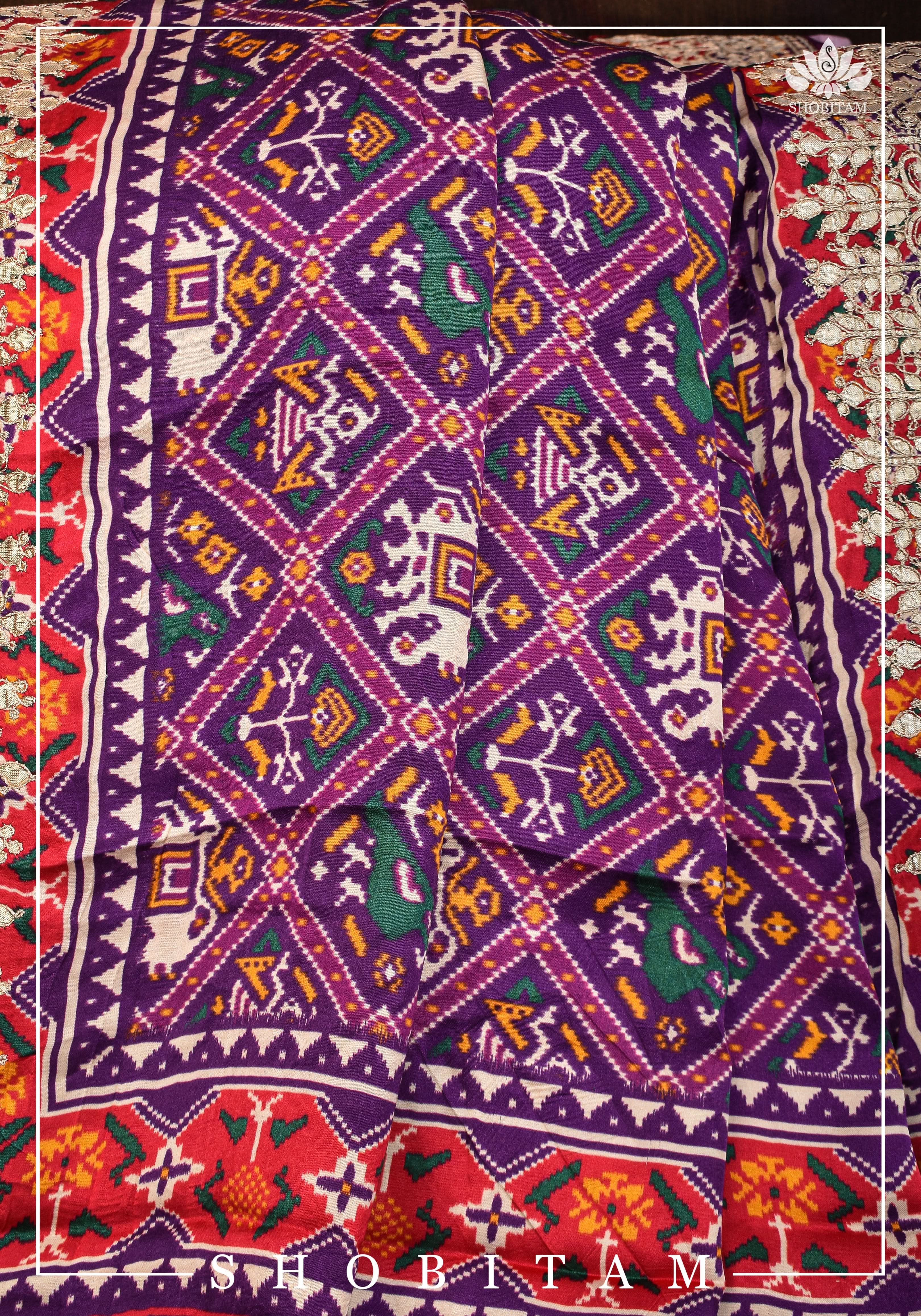 Purple tone Gajji Silk Saree with Gotta Patti Border and Patola Digital Print | Sarees by Shobitam - Image 4