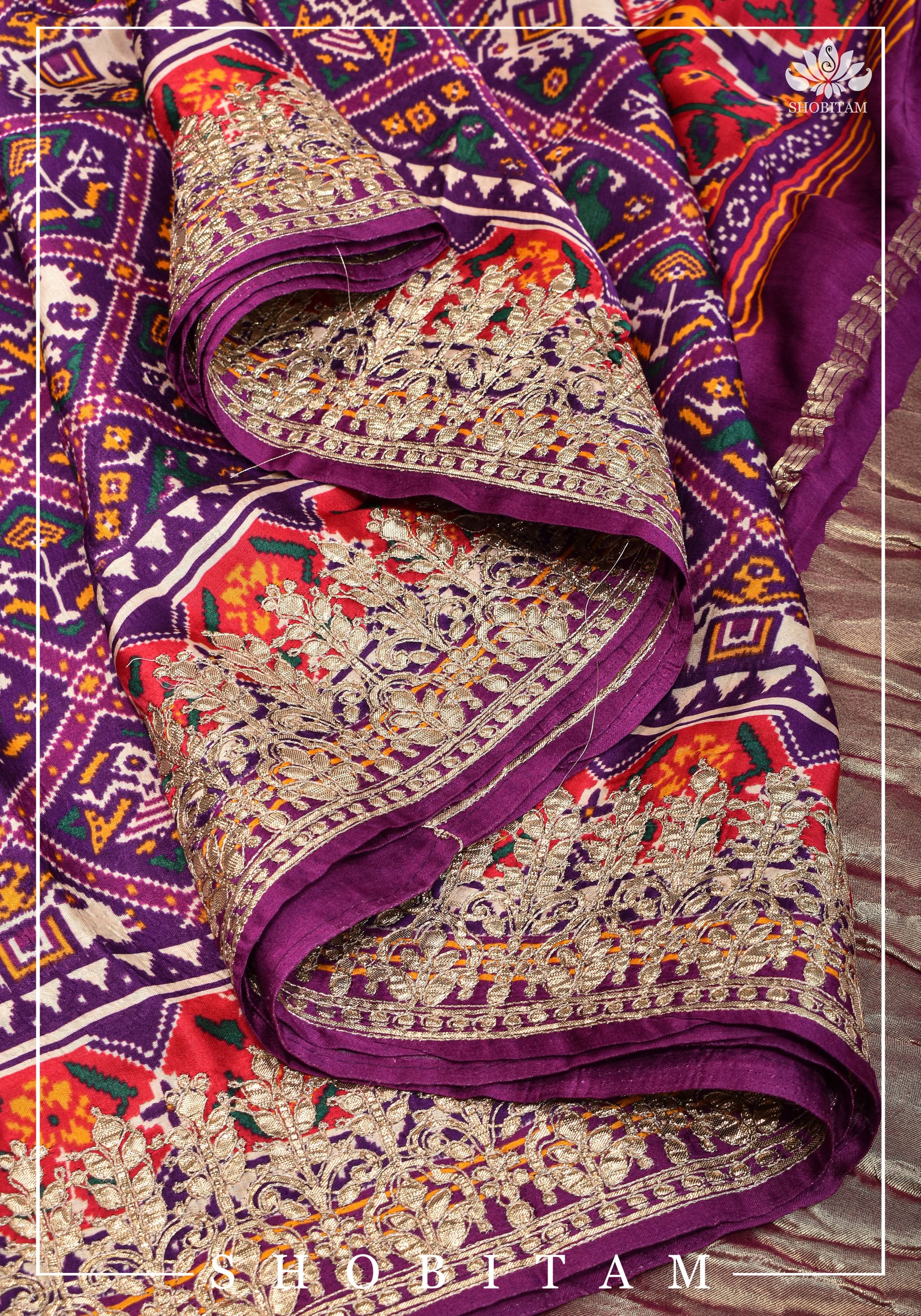 Purple tone Gajji Silk Saree with Gotta Patti Border and Patola Digital Print | Sarees by Shobitam - Image 5