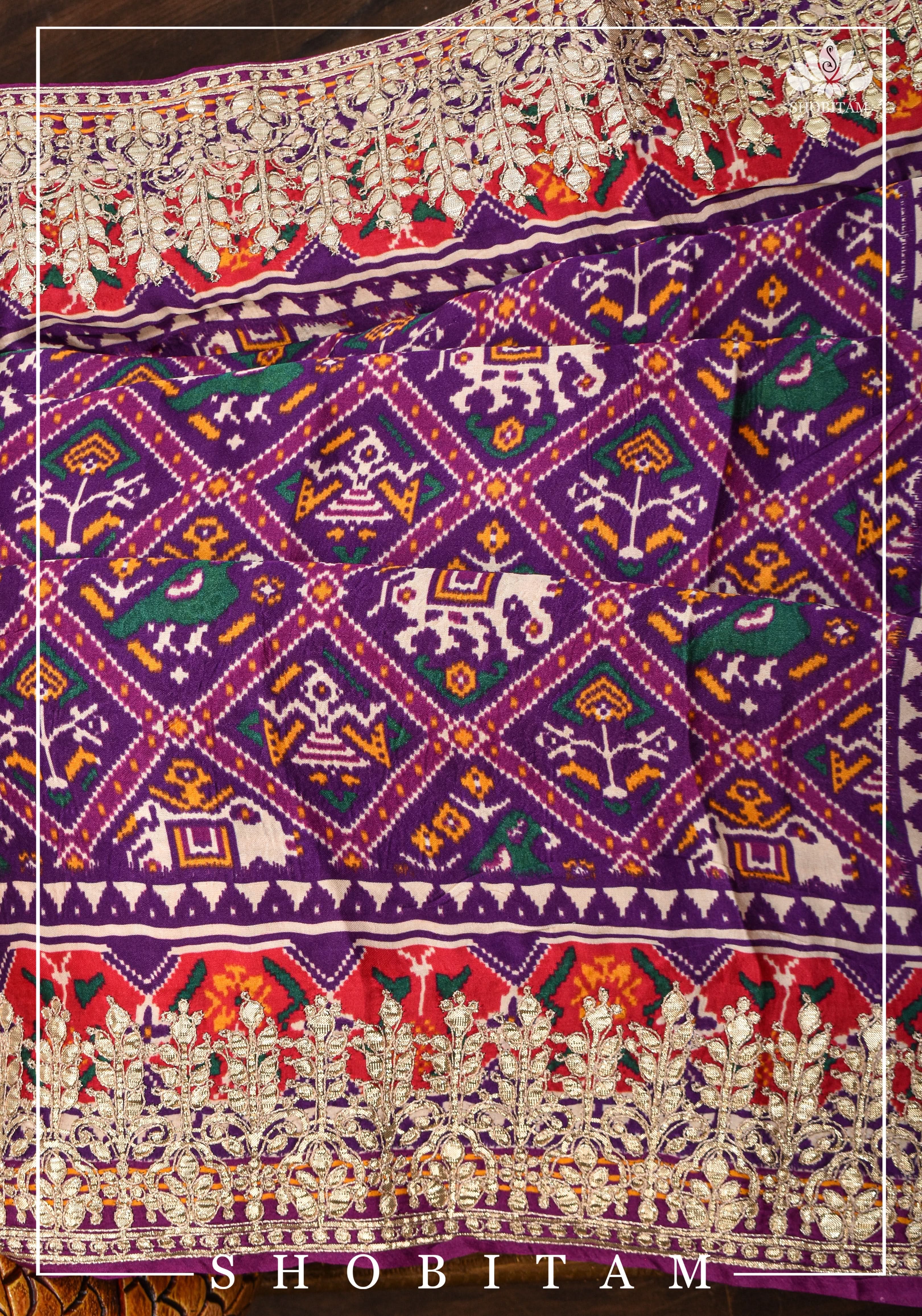 Purple tone Gajji Silk Saree with Gotta Patti Border and Patola Digital Print | Sarees by Shobitam - Image 6