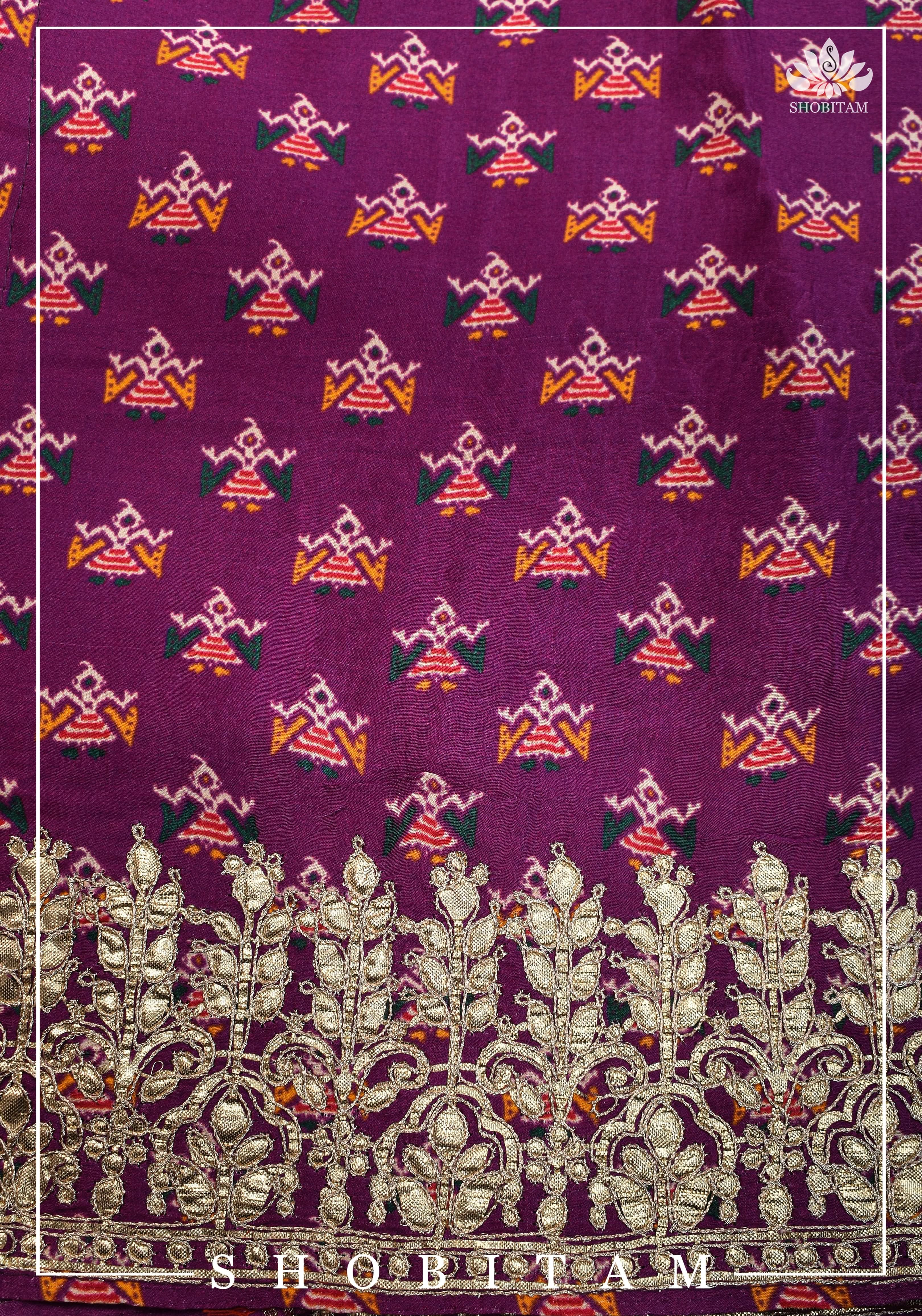 Purple tone Gajji Silk Saree with Gotta Patti Border and Patola Digital Print | Sarees by Shobitam - Image 7