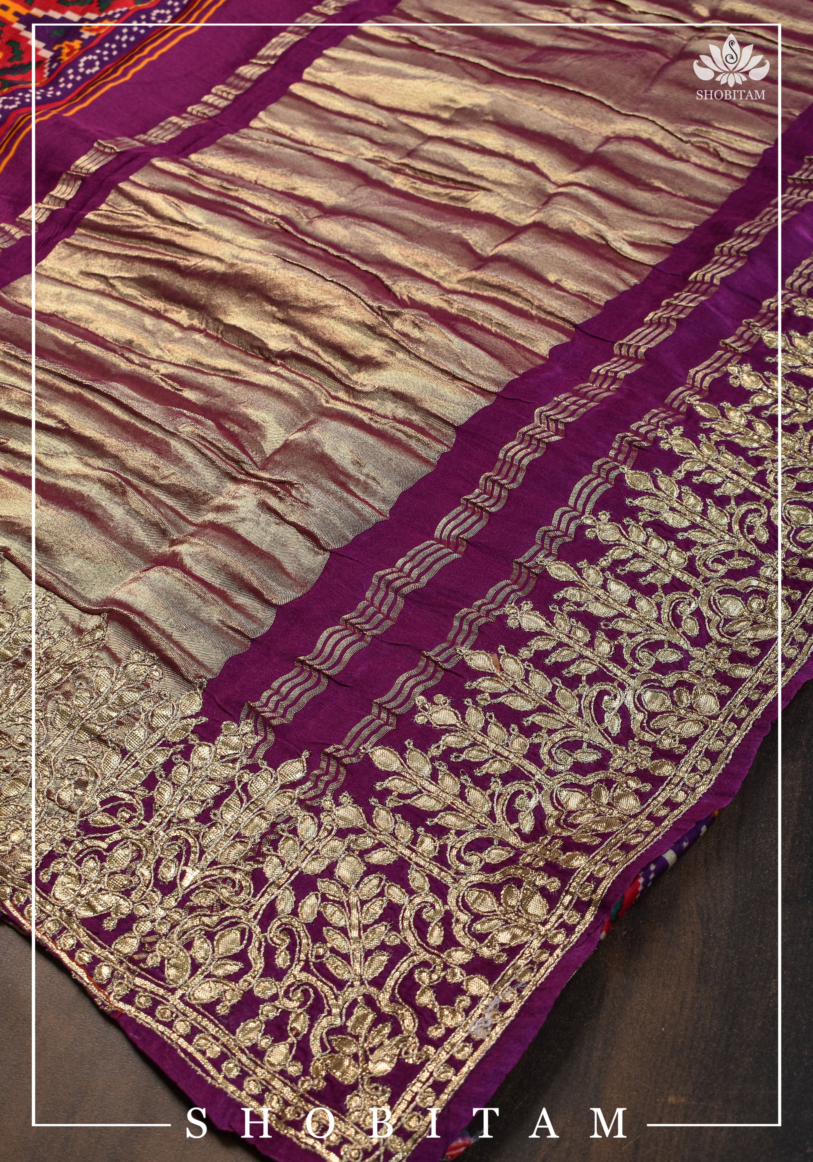 Purple tone Gajji Silk Saree with Gotta Patti Border and Patola Digital Print | Sarees by Shobitam - Image 9