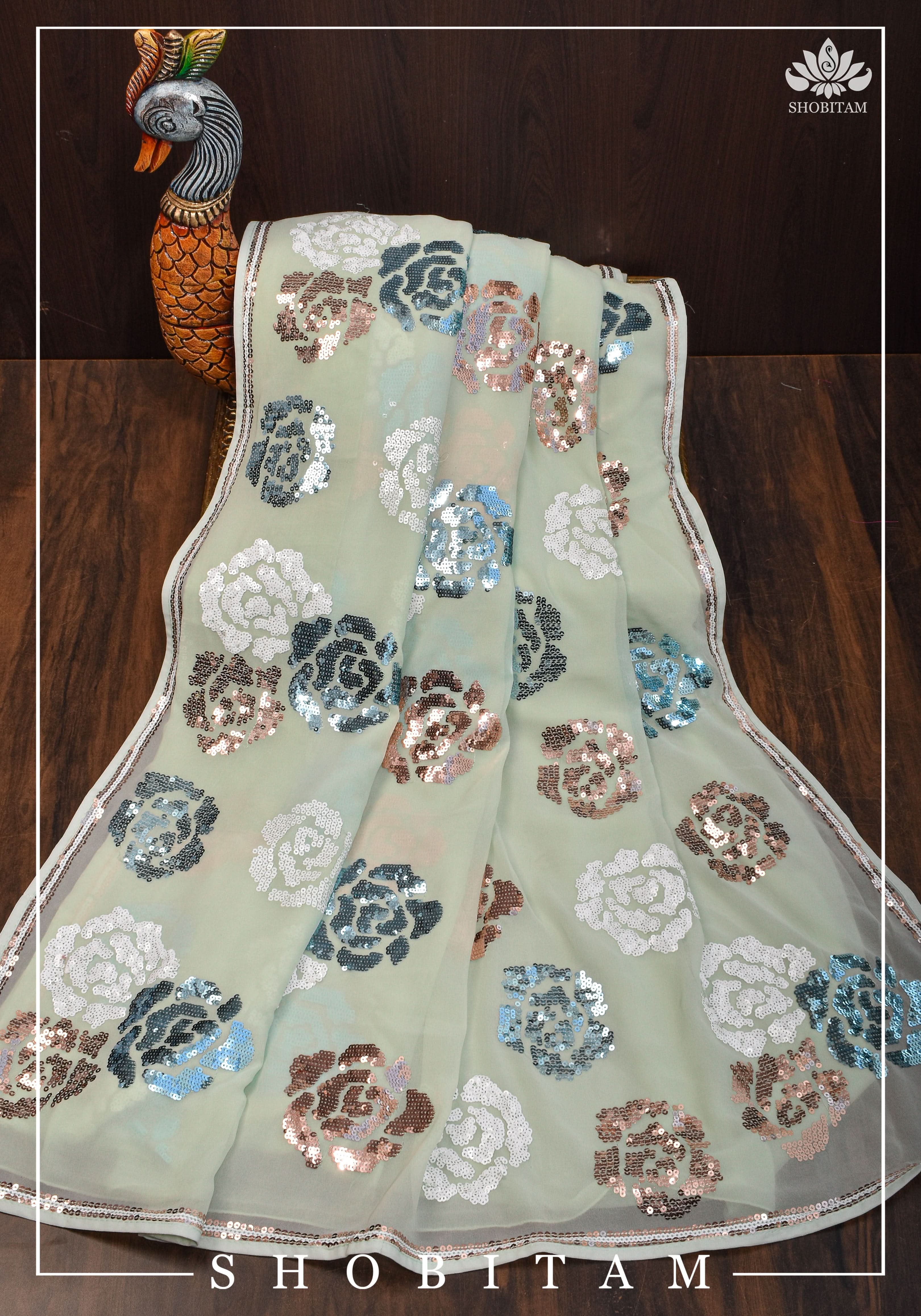 Georgette Saree in pale pista green with rose design sequin work | Shobitam - Image 2
