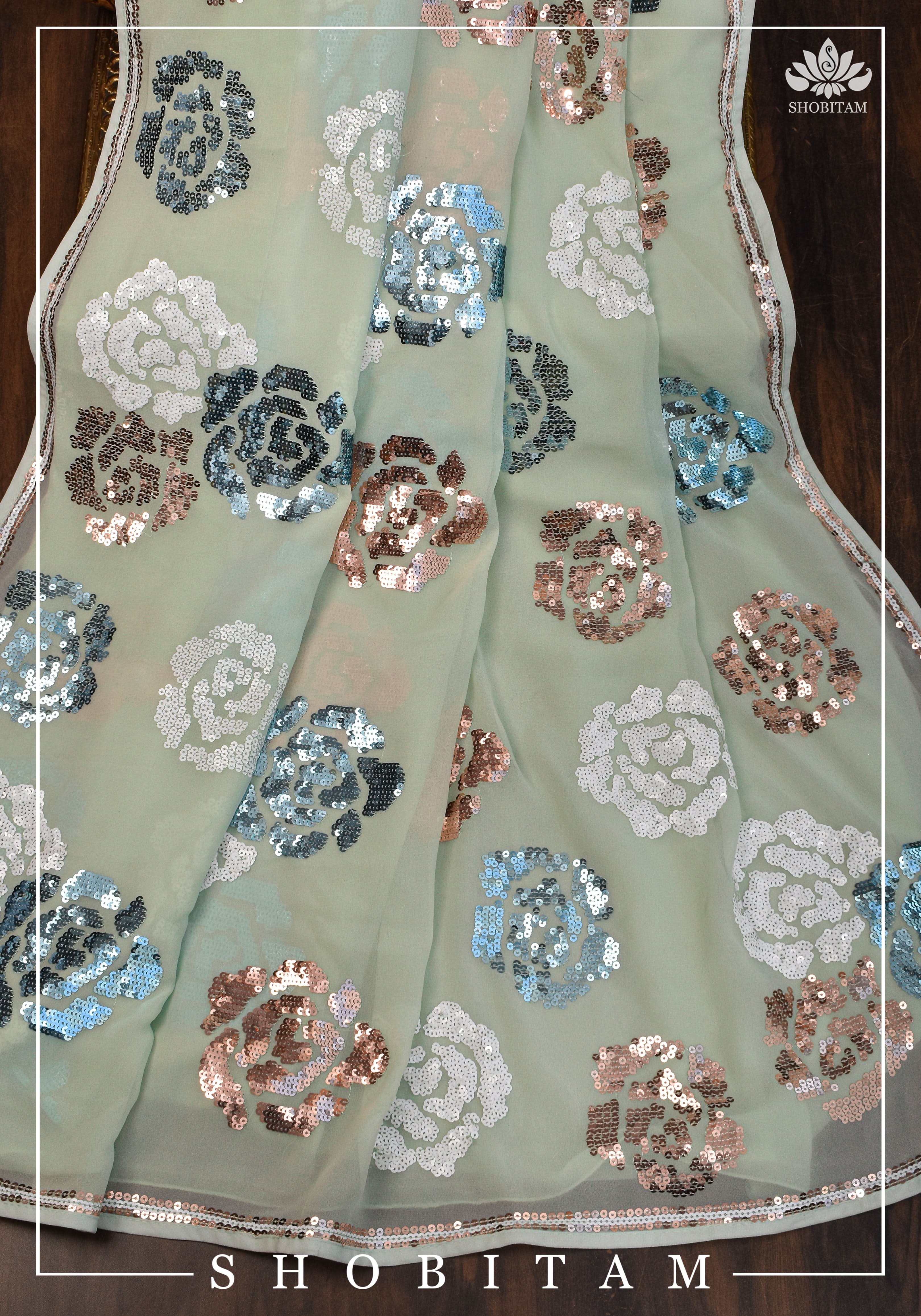 Georgette Saree in pale pista green with rose design sequin work | Shobitam - Image 6