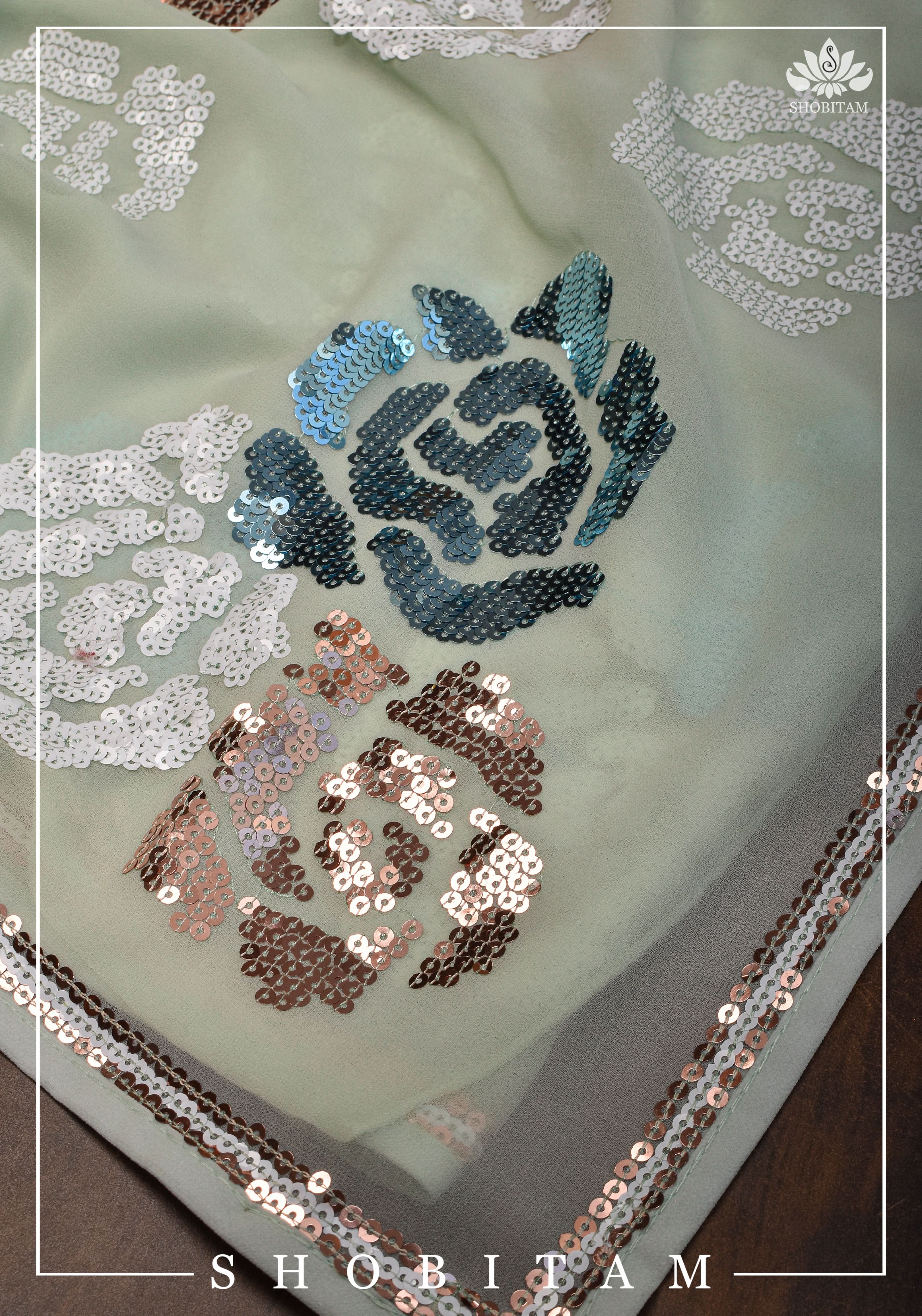 Georgette Saree in pale pista green with rose design sequin work | Shobitam - Image 9