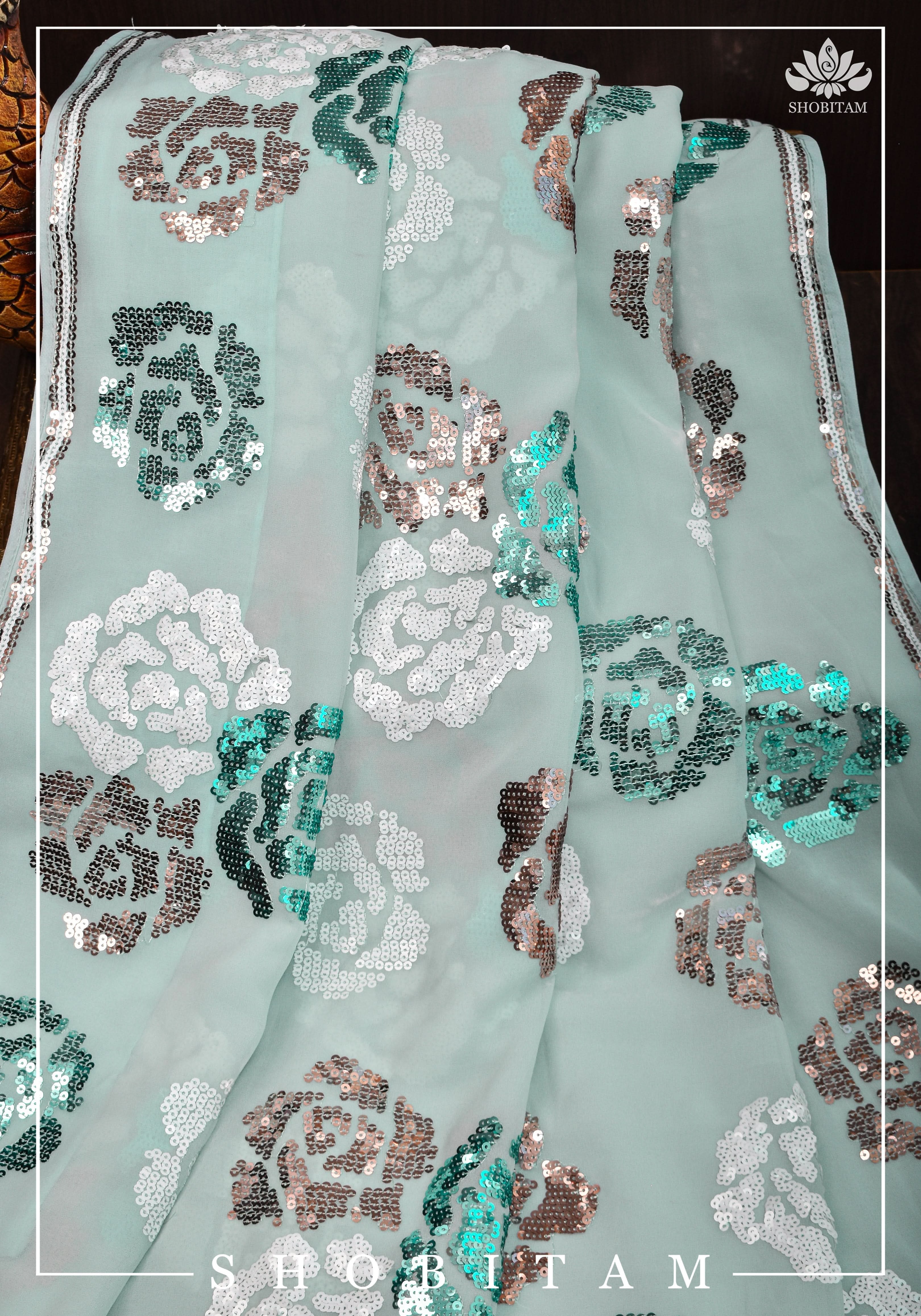 Georgette Saree in Pastel Aqua with Rose Design Sequin work | Shobitam - Image 5
