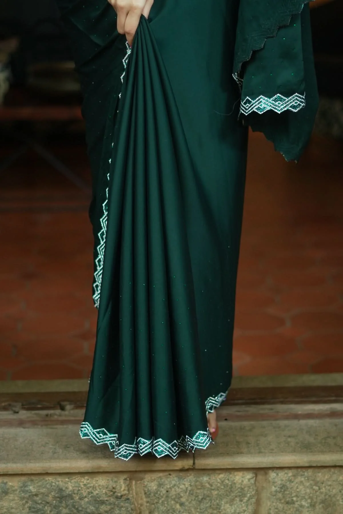Shamoo Satin Silk saree in Bottle Green with elegant crystal work | Shobitam - Image 12