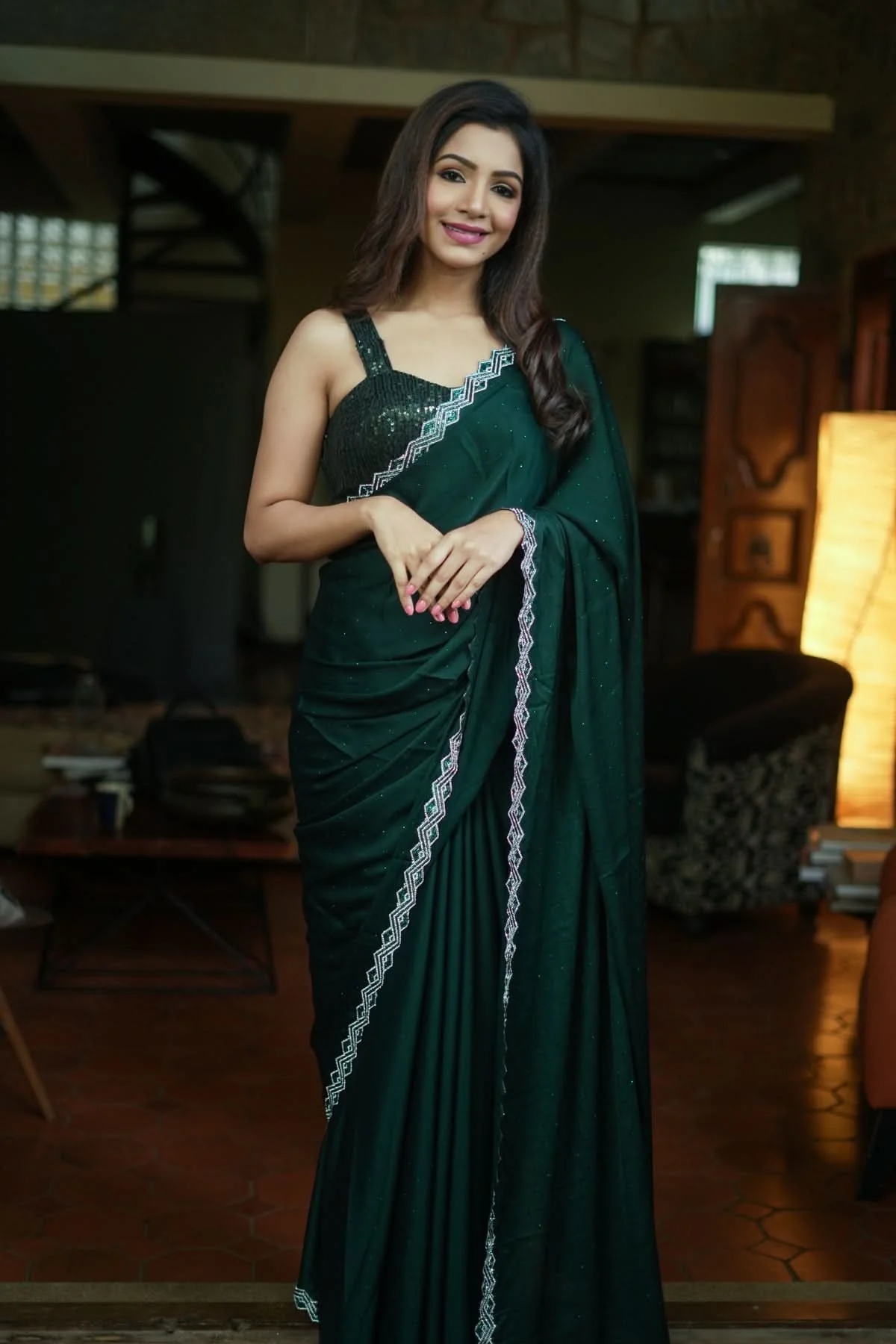 Shamoo Satin Silk saree in Bottle Green with elegant crystal work | Shobitam - Image 3