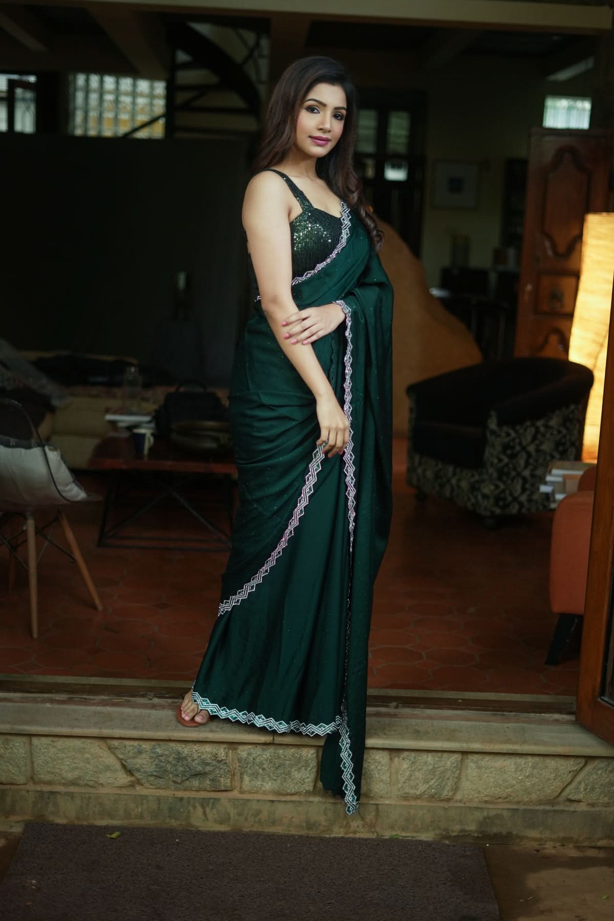 Shamoo Satin Silk saree in Bottle Green with elegant crystal work | Shobitam - Image 7