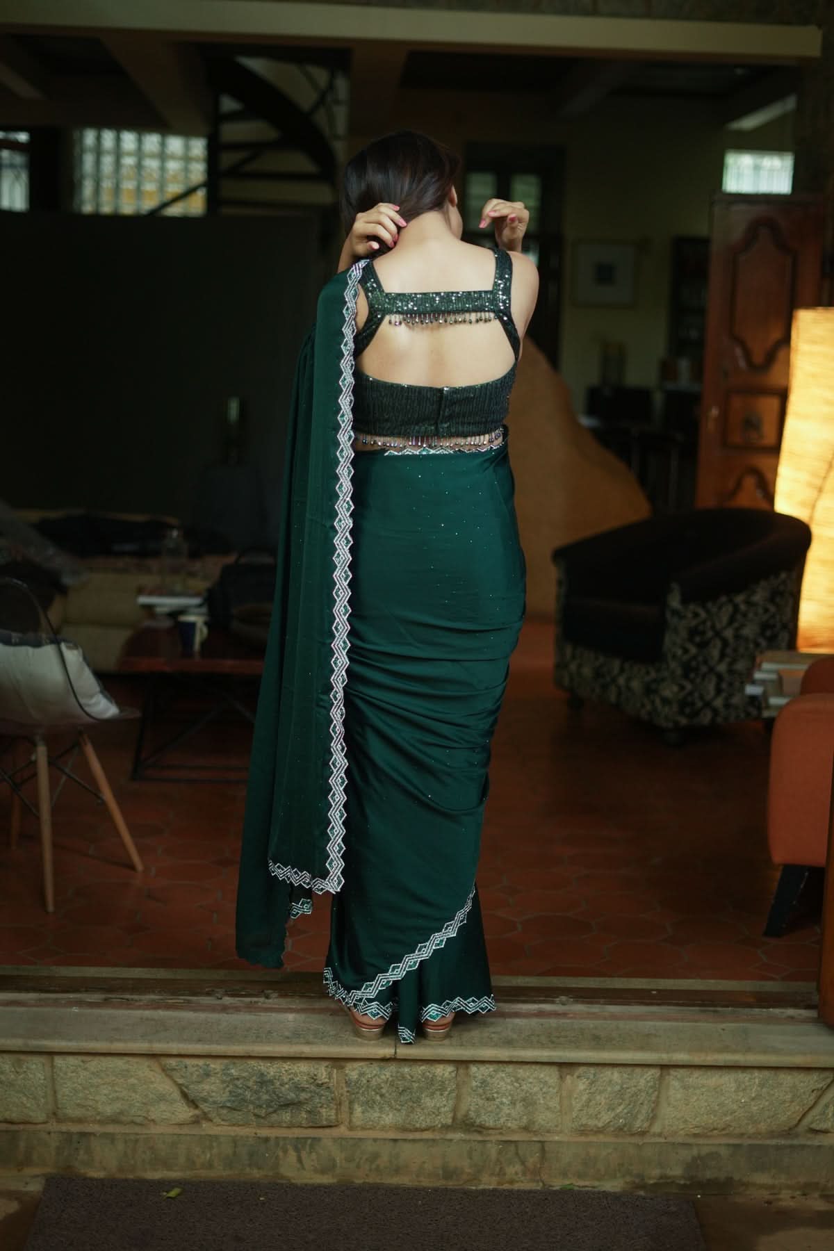 Shamoo Satin Silk saree in Bottle Green with elegant crystal work | Shobitam - Image 8