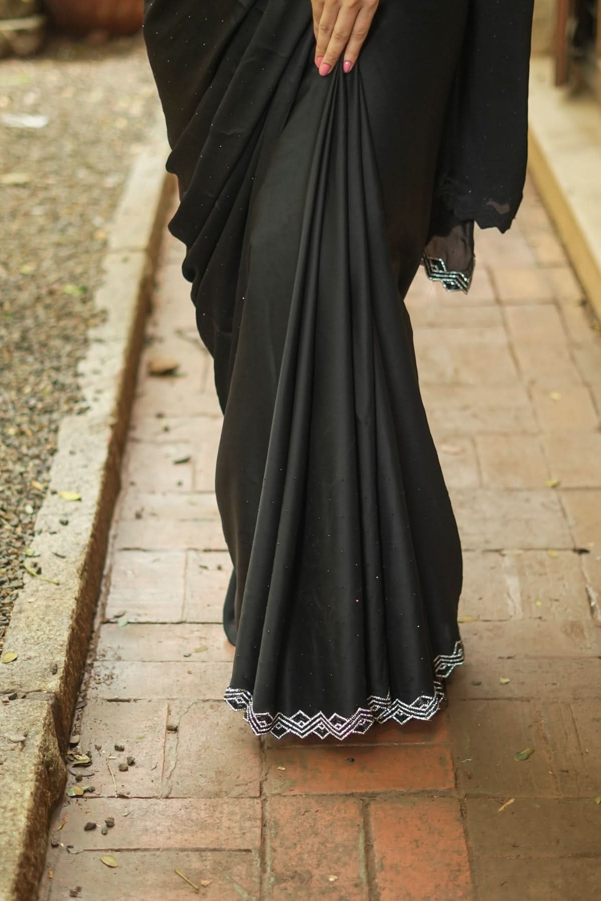 Shamoo Satin Silk saree in Black with elegant crystal work | Shobitam - Image 3