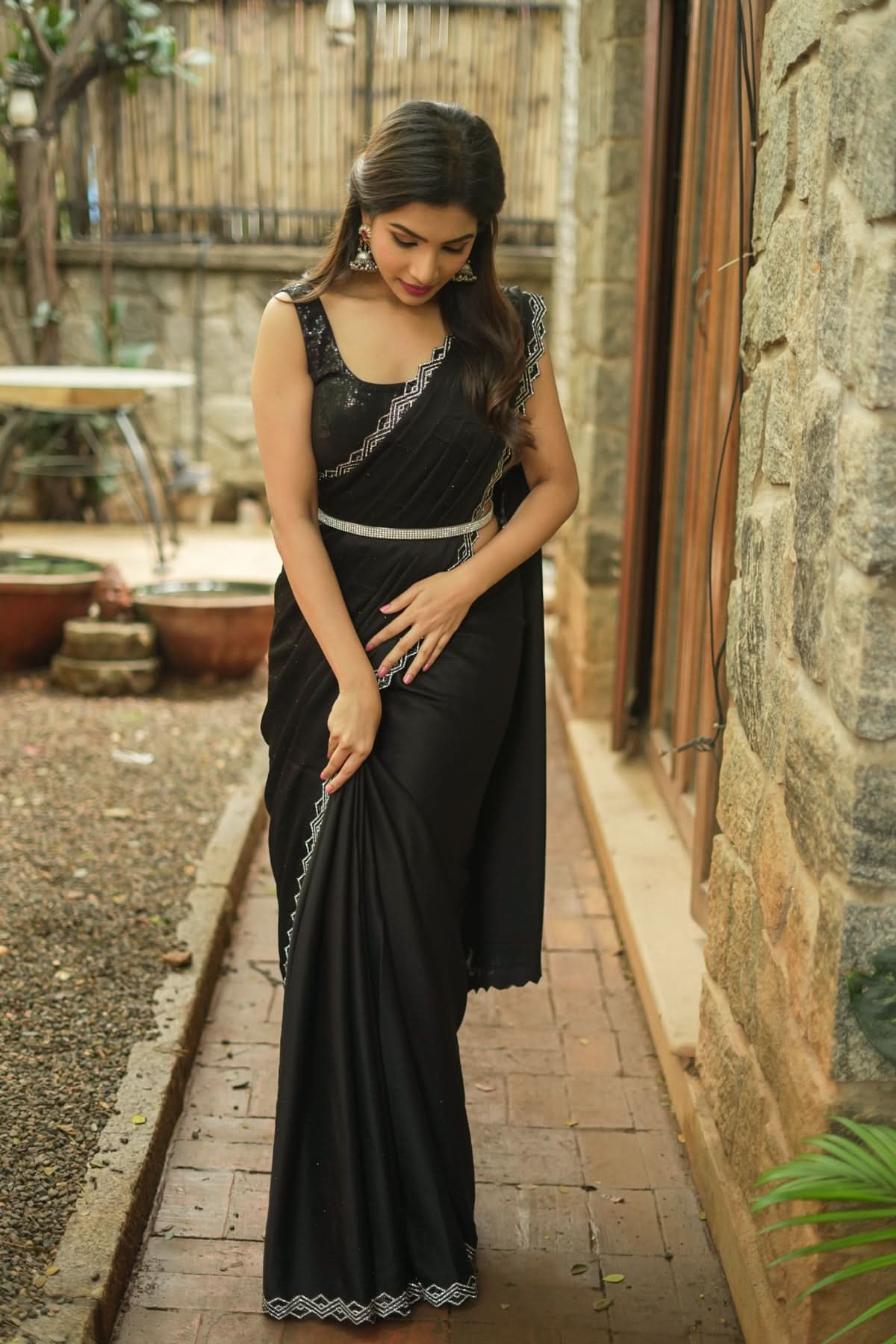 Shamoo Satin Silk saree in Black with elegant crystal work | Shobitam - Image 6