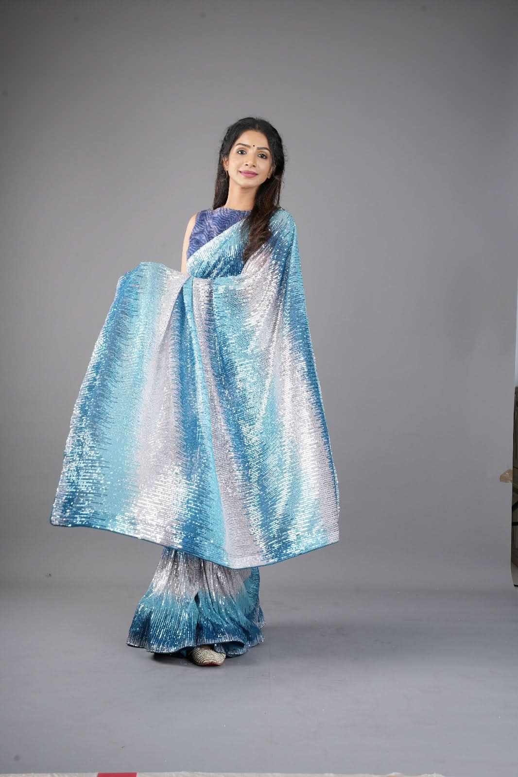 Ombre Teal, Blue, and Silver Sequin on Net Saree | Shobitam - Image 4