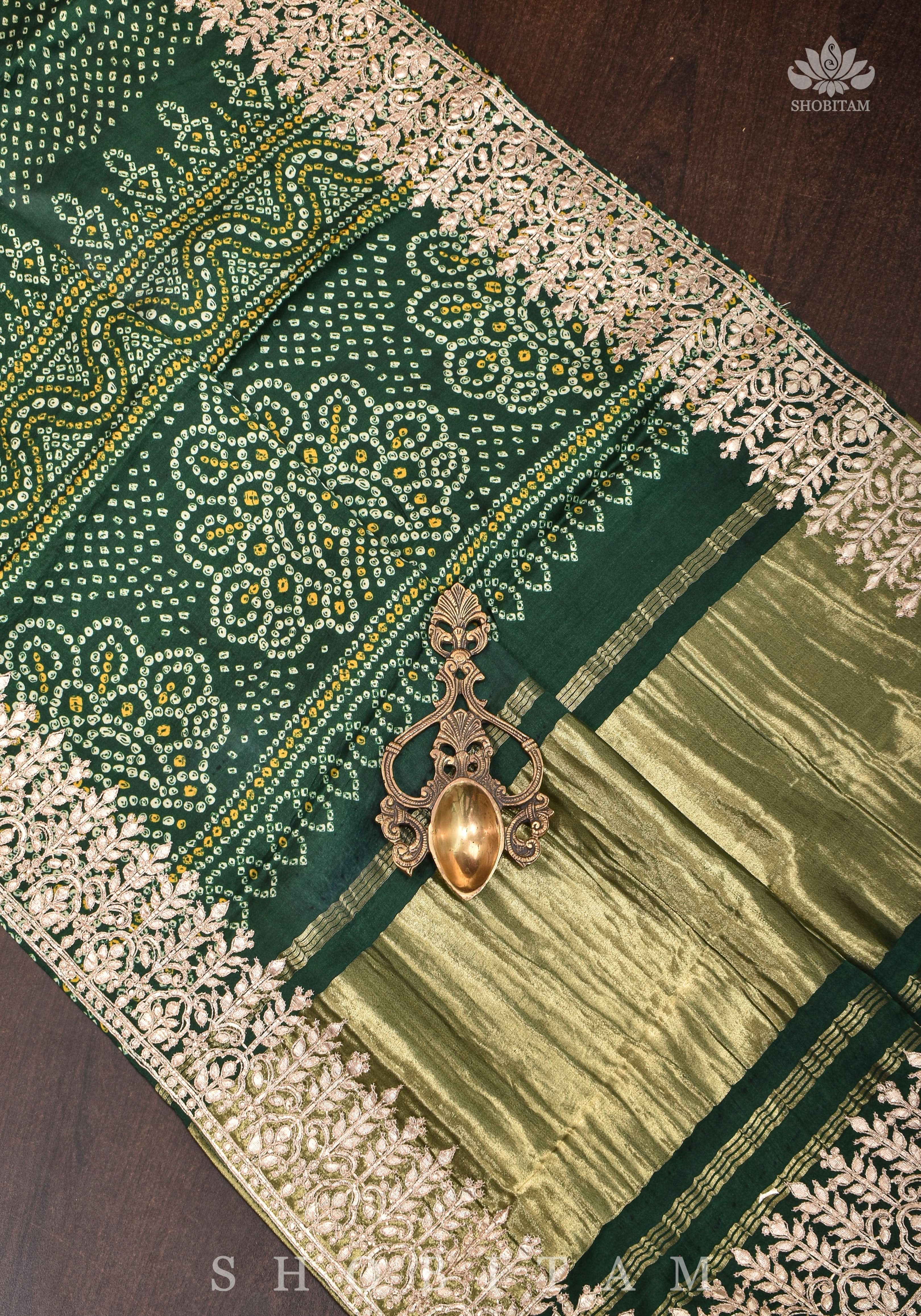 Vidya Balan Bottle Green Gajji Silk Saree with Bandhni Digital Print and Gotta patti borders | Shobitam - Image 3