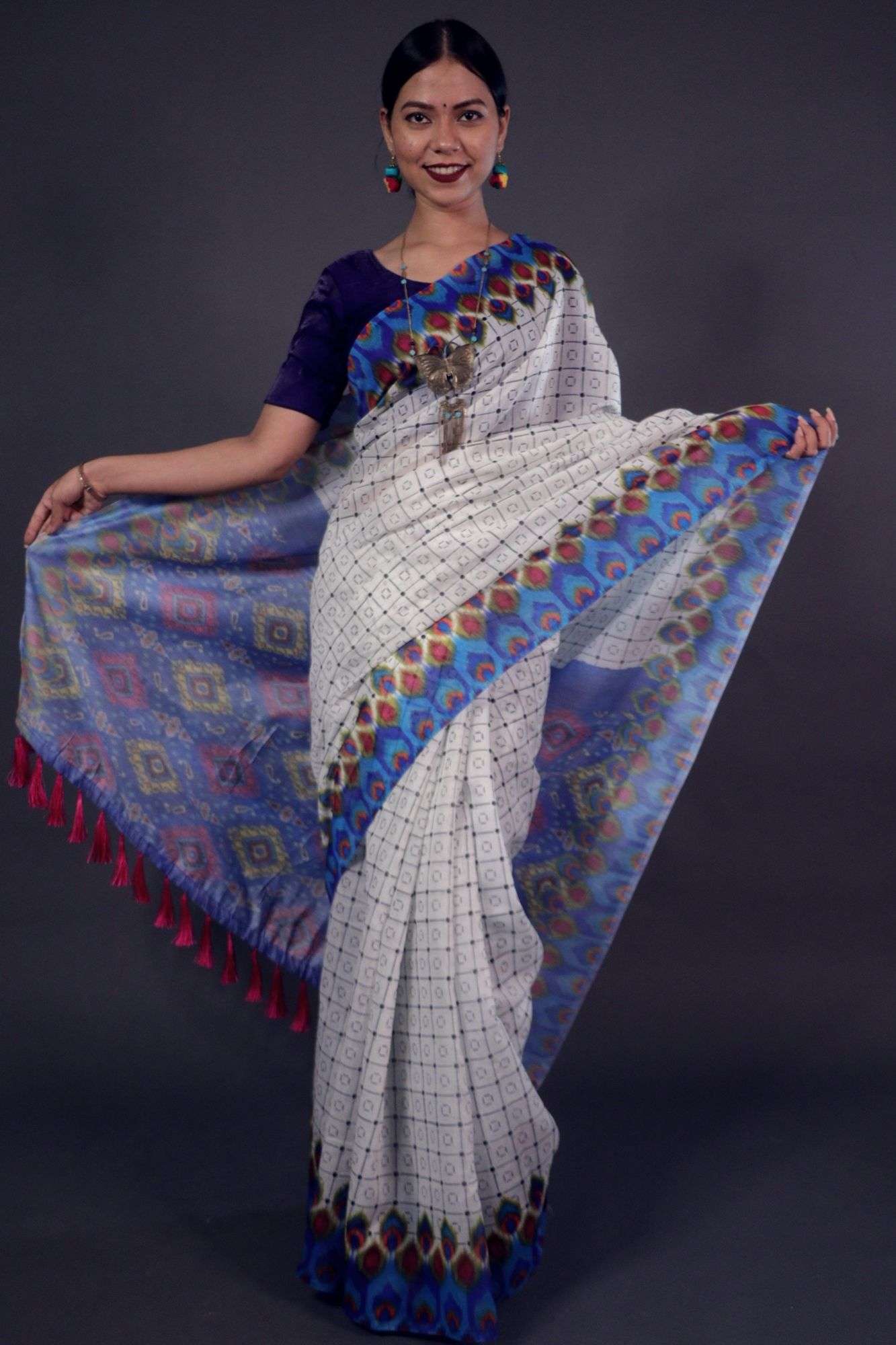 Classy blue patola print on pallu and mayur print pallu with tassels wrap in 1 minute saree - Image 3