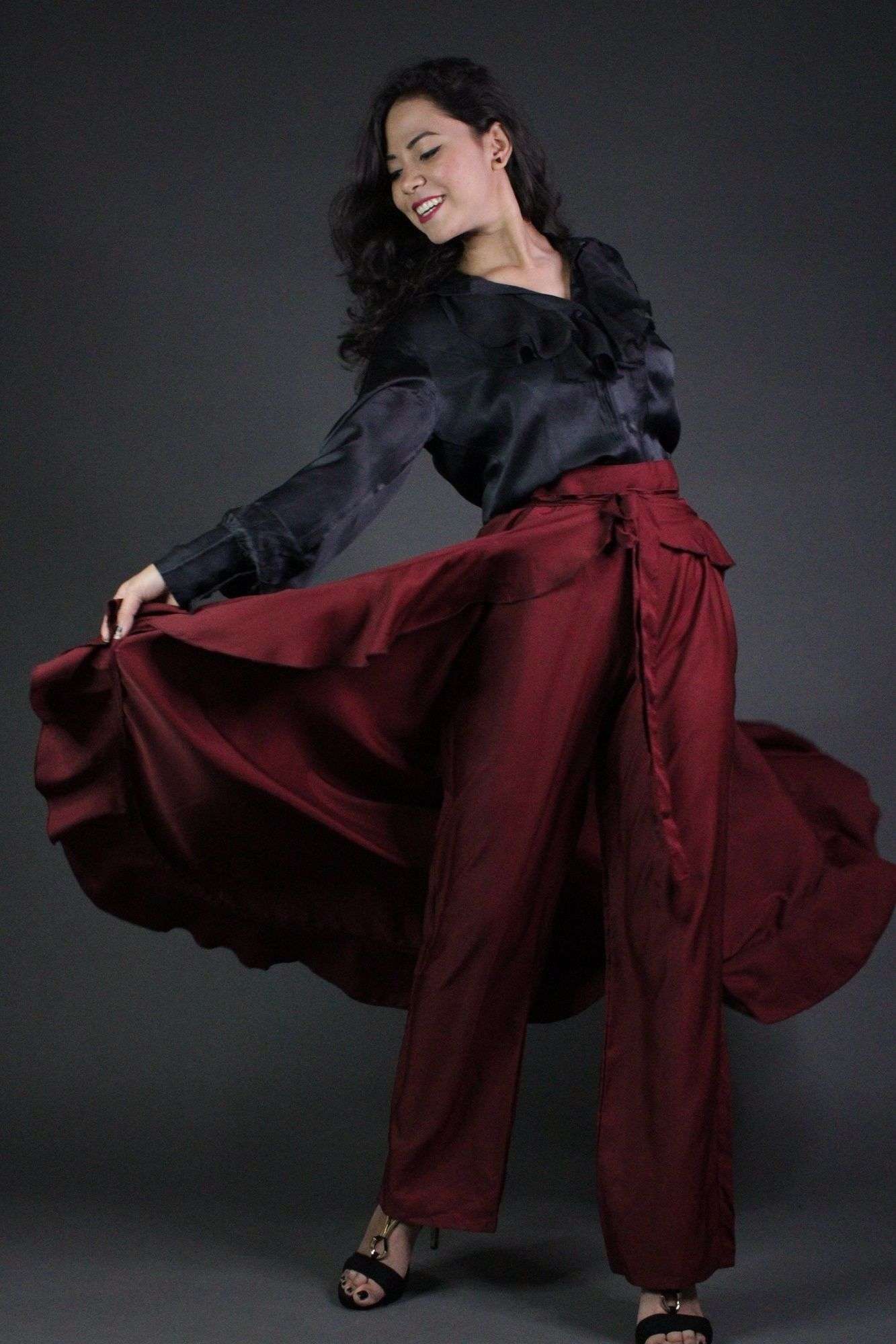 Classy & comfy Maroon apple silk pant skirt - Image 6