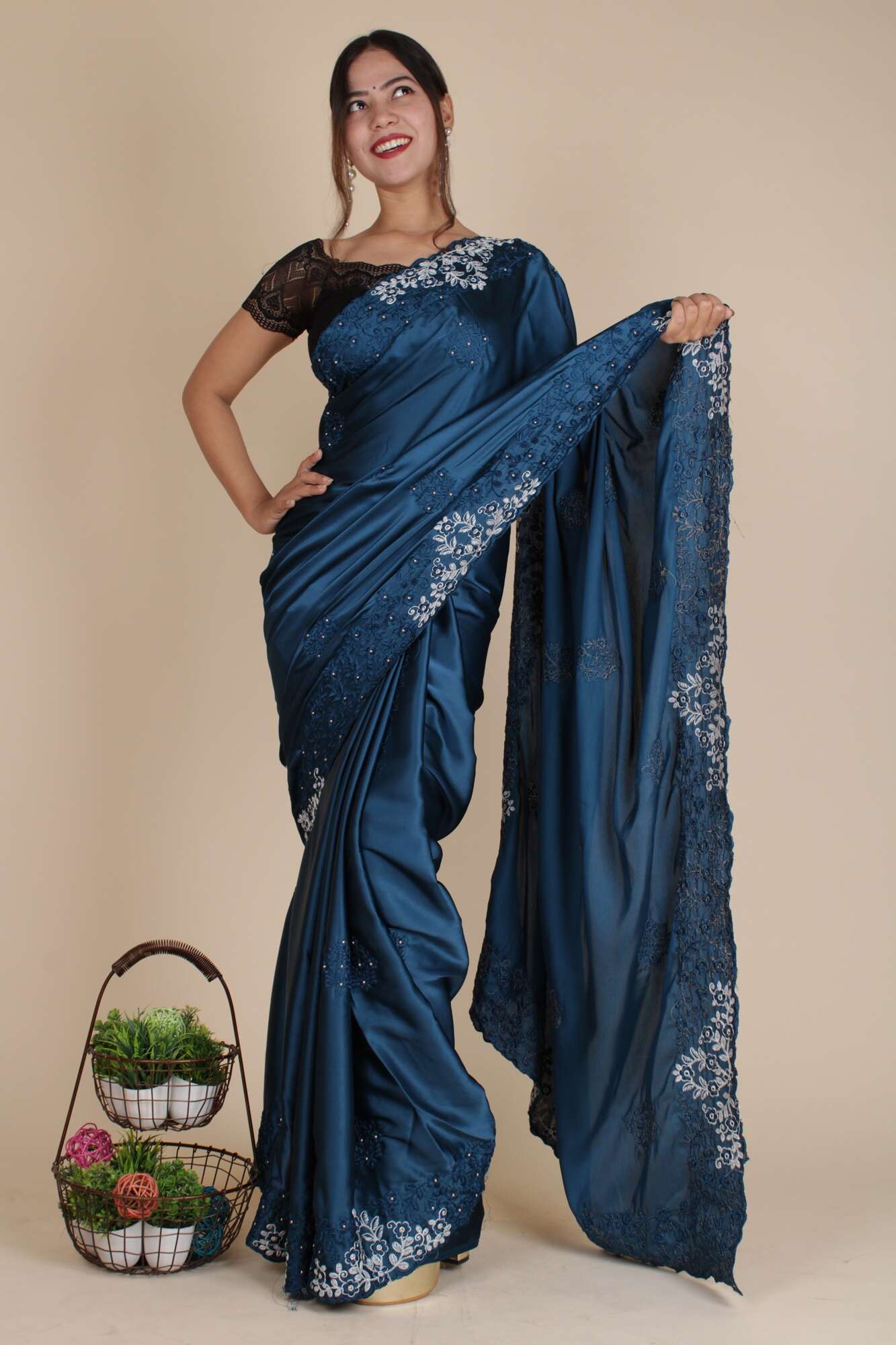 Classy Satin Crepe Parsi Gara-Style Embroidery Wrap in 1 Minute Saree - Image 2