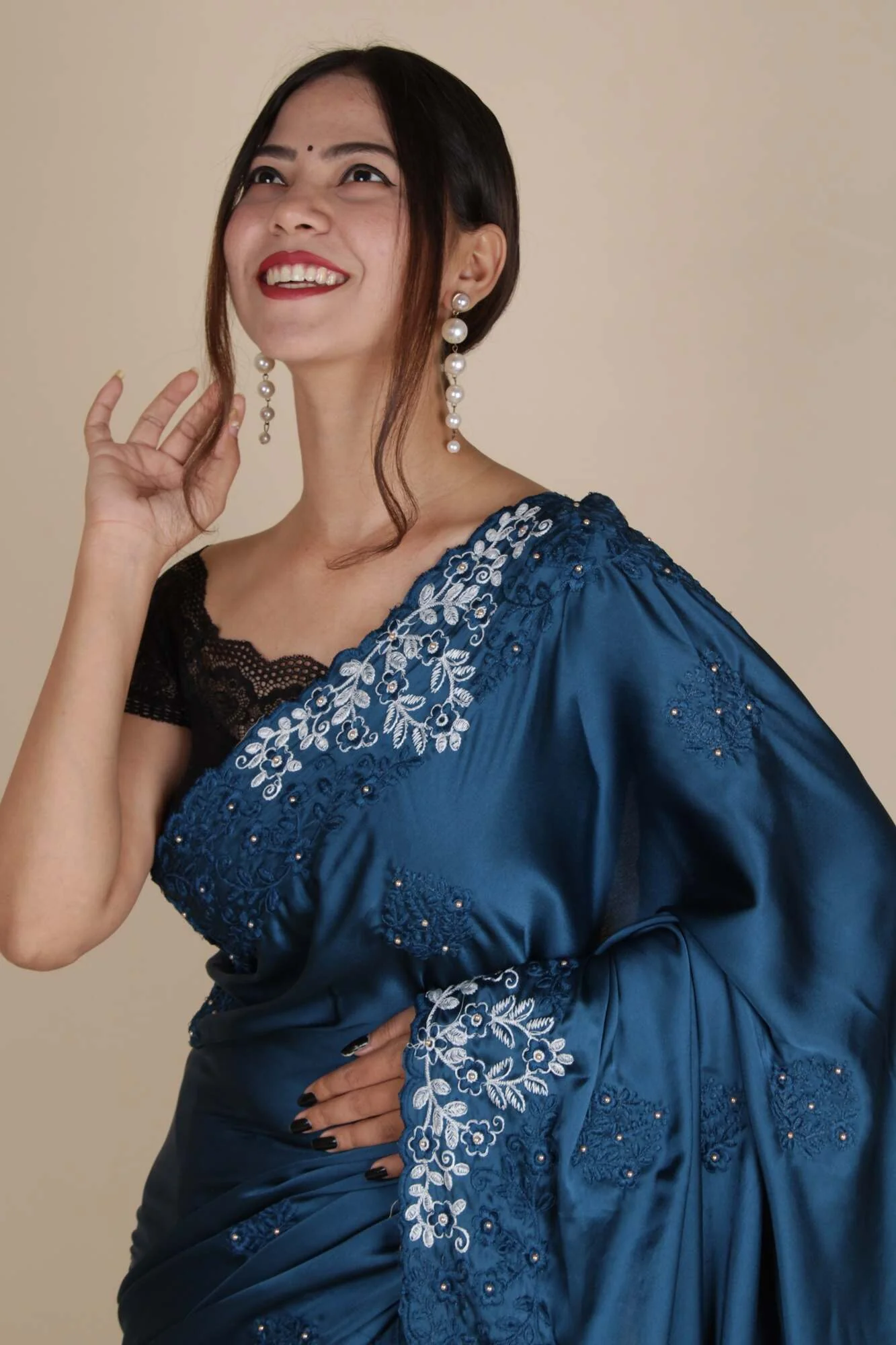 Classy Satin Crepe Parsi Gara-Style Embroidery Wrap in 1 Minute Saree - Image 3