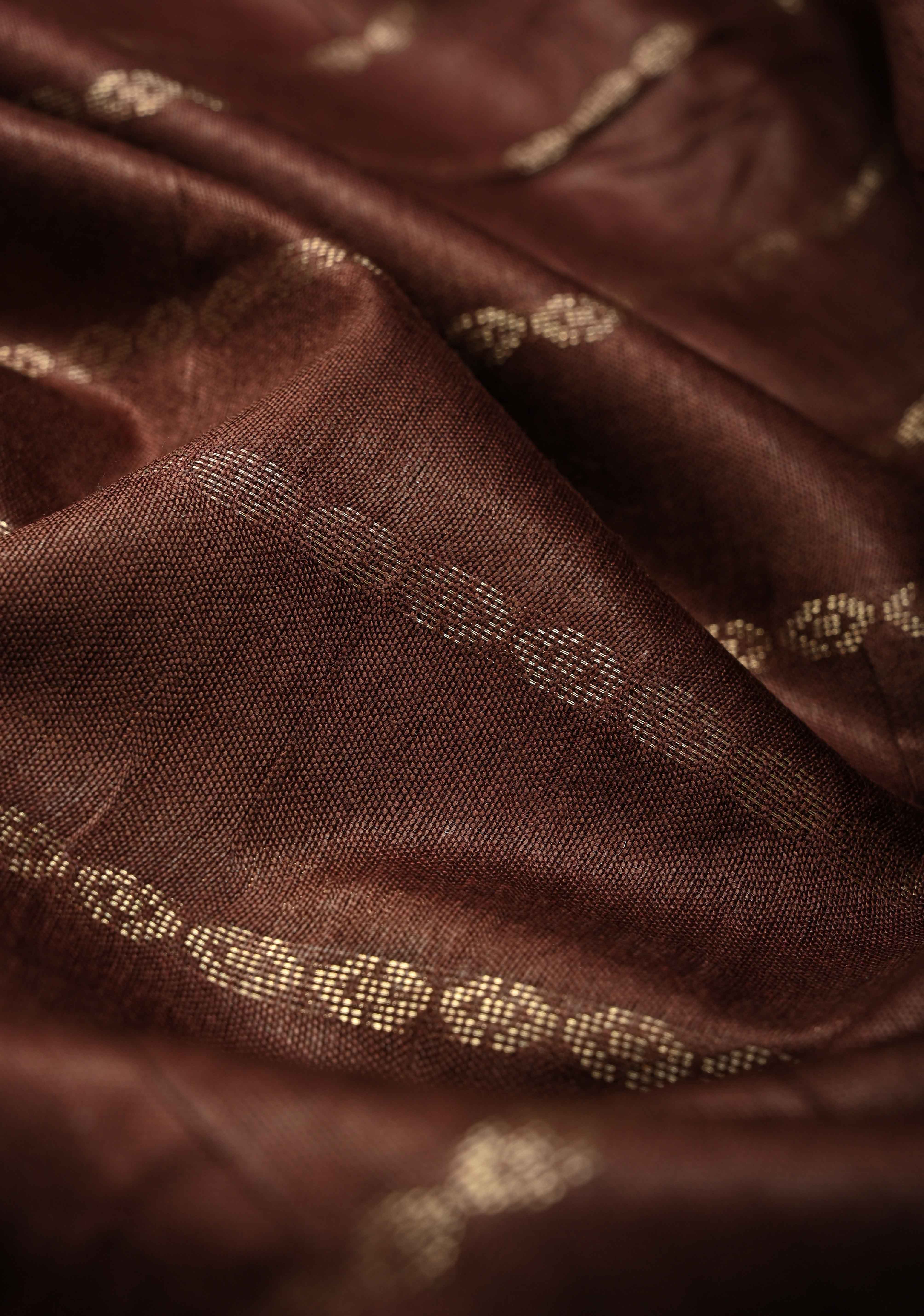 Coffee Brown Semi Tussar Saree with Zari Stripes and Zari Border | Shobitam - Image 3