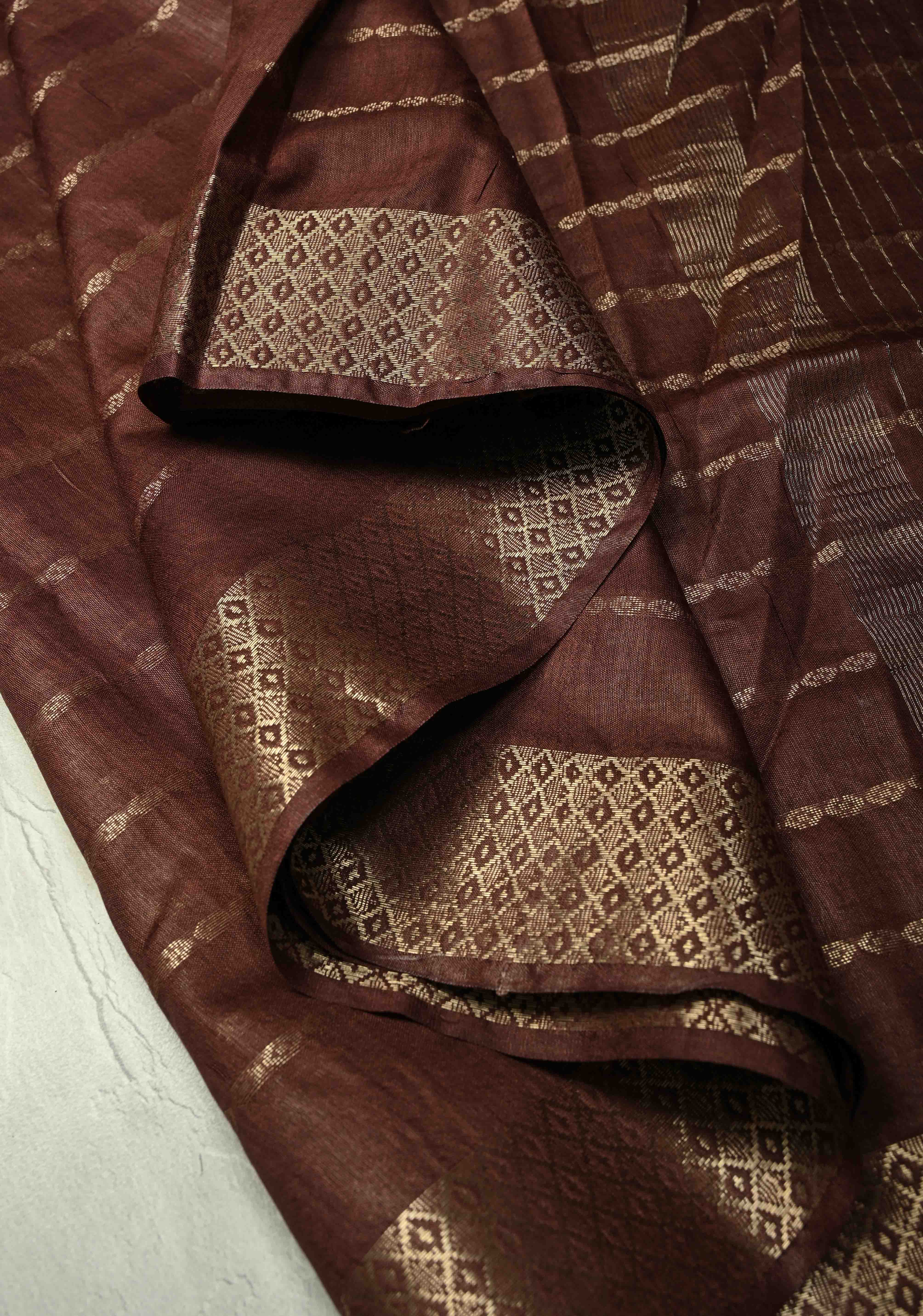 Coffee Brown Semi Tussar Saree with Zari Stripes and Zari Border | Shobitam - Image 5