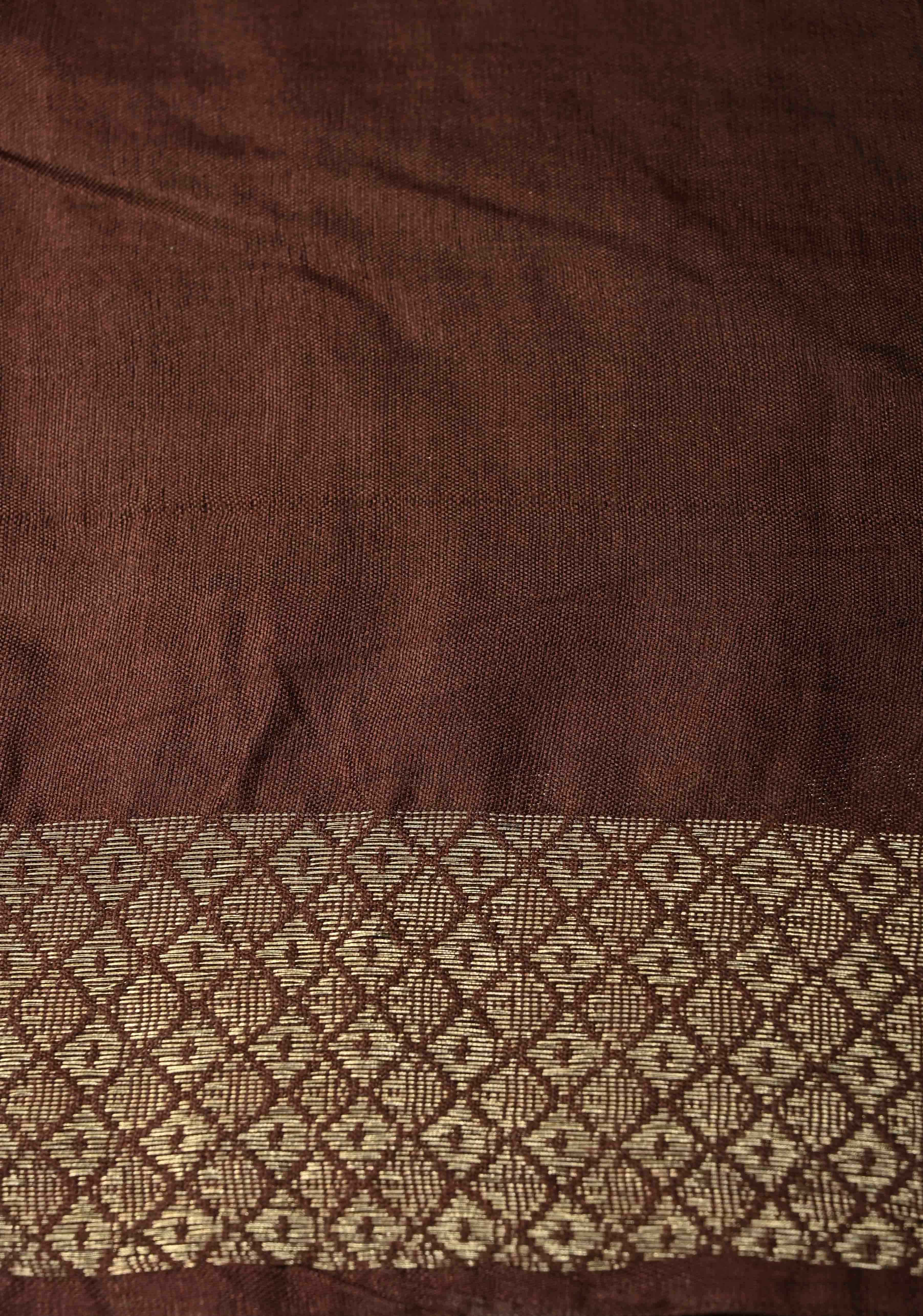 Coffee Brown Semi Tussar Saree with Zari Stripes and Zari Border | Shobitam - Image 6