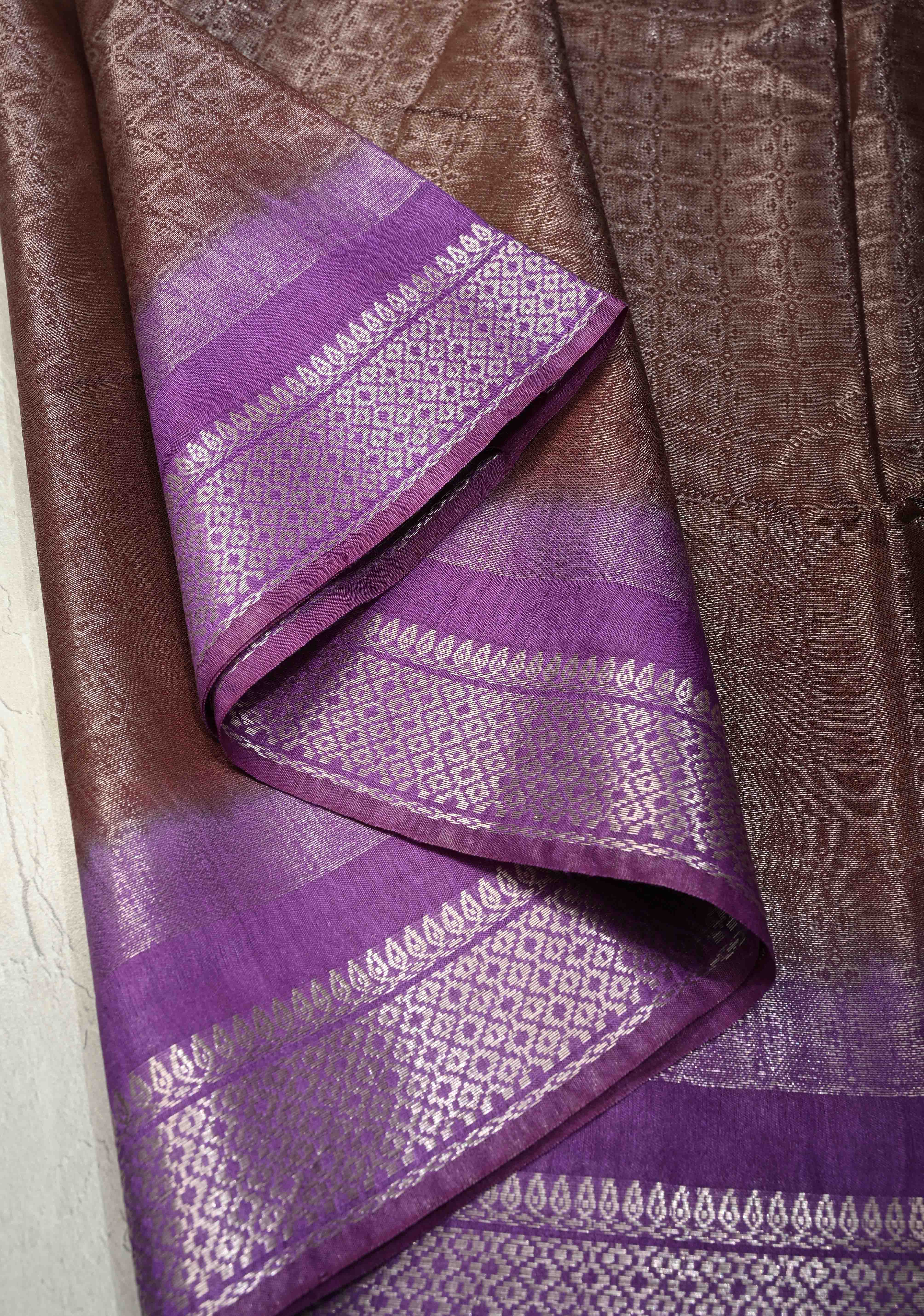 Coffee Brown Semi Tussar Tissue Saree with Contrast Silver Zari Border | Shobitam - Image 4