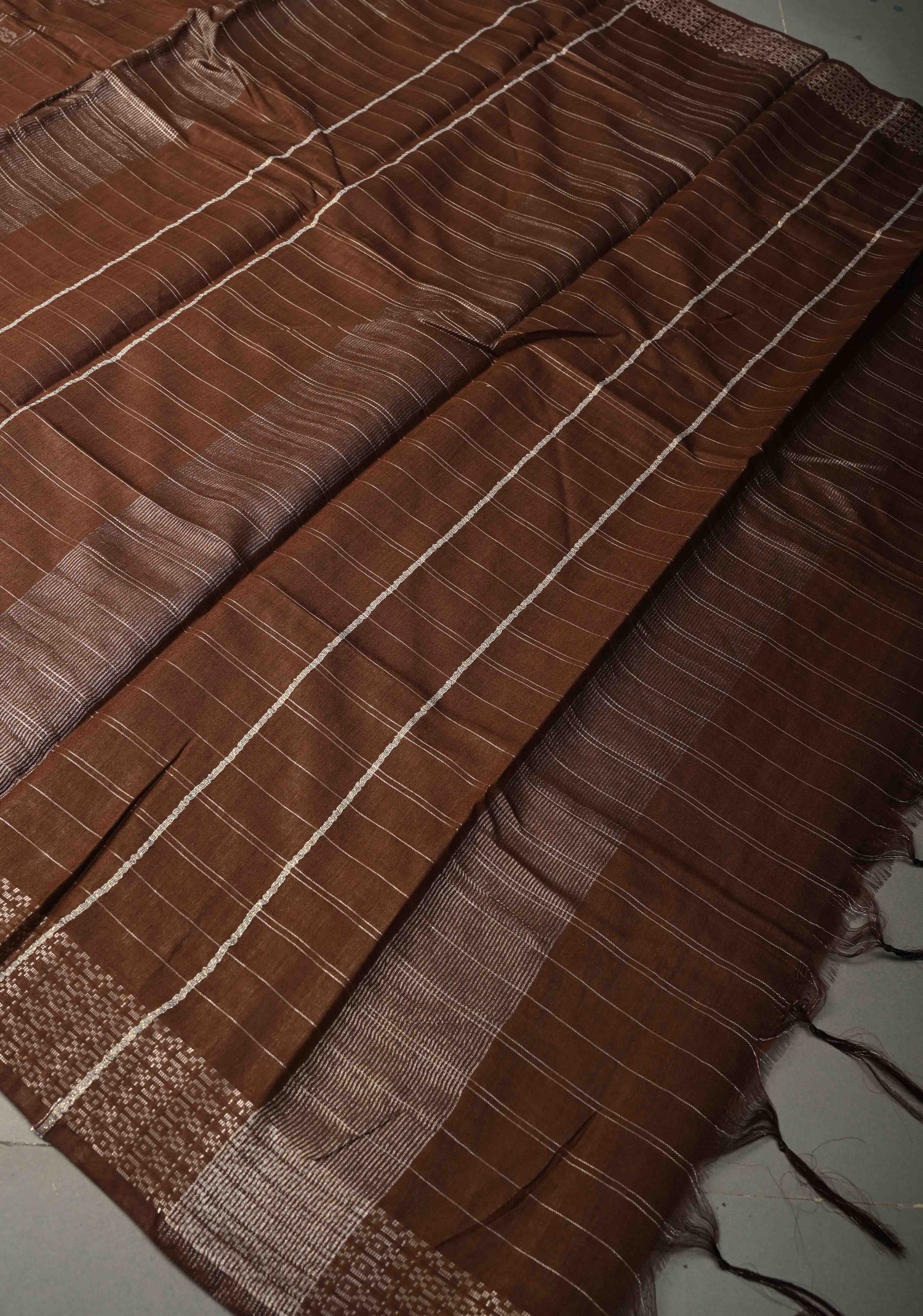 Coffee Brown Zari Checks on Semi Tussar Saree with Zari Buttas and Zari Border | Shobitam - Image 7