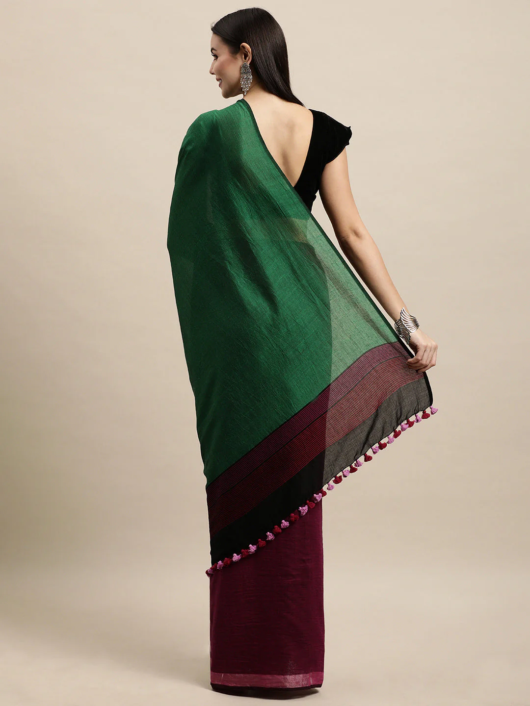 Colour block Cotton Saree with pompoms | Shobitam - Image 10