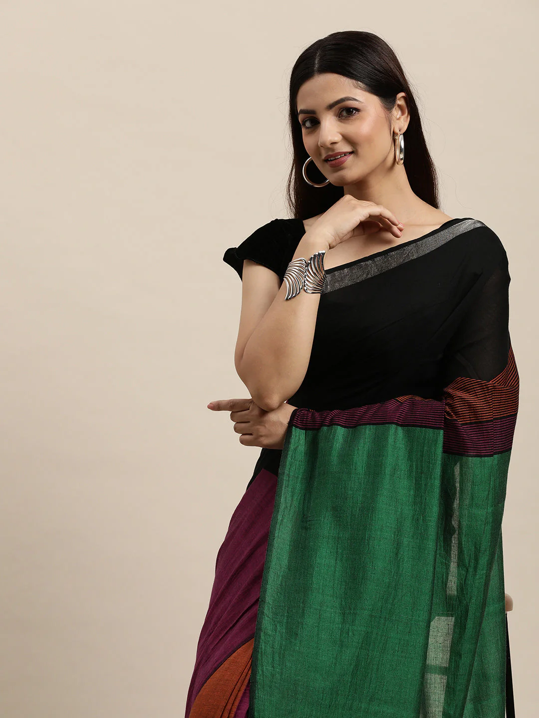 Colour block Cotton Saree with pompoms | Shobitam - Image 24