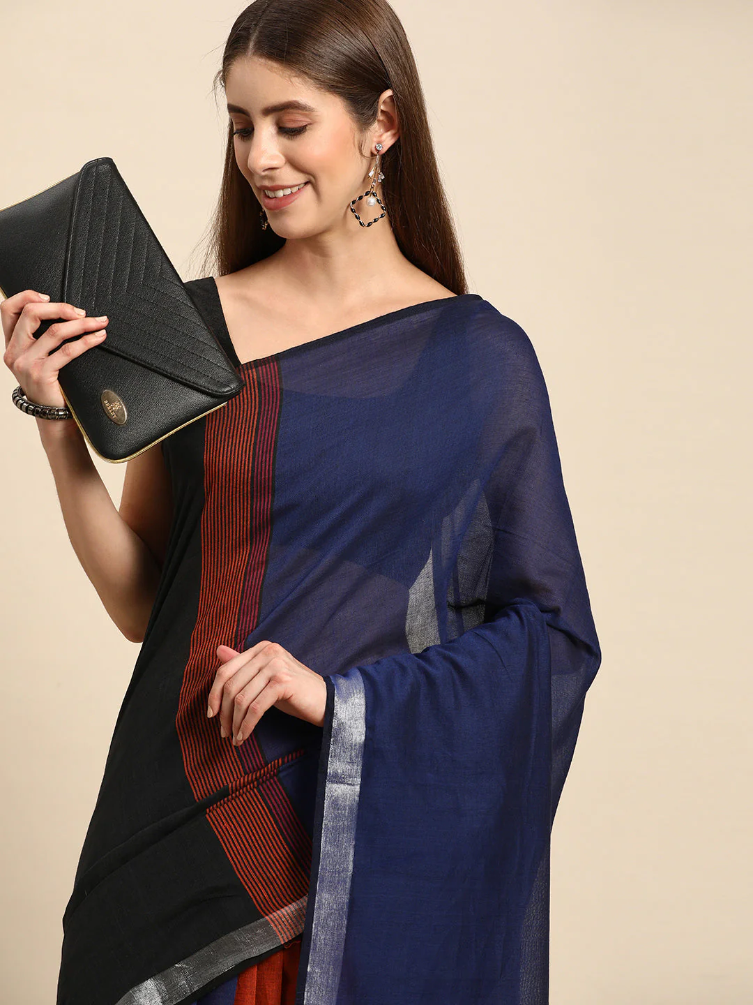 Colour block Cotton Saree with pompoms | Shobitam - Image 30