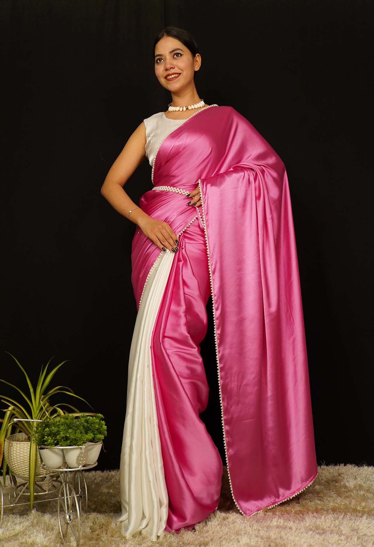 Contrast Pink and White  Satin Half And Half  With White Moti Lace Wrap in 1 Minute Saree - Image 6