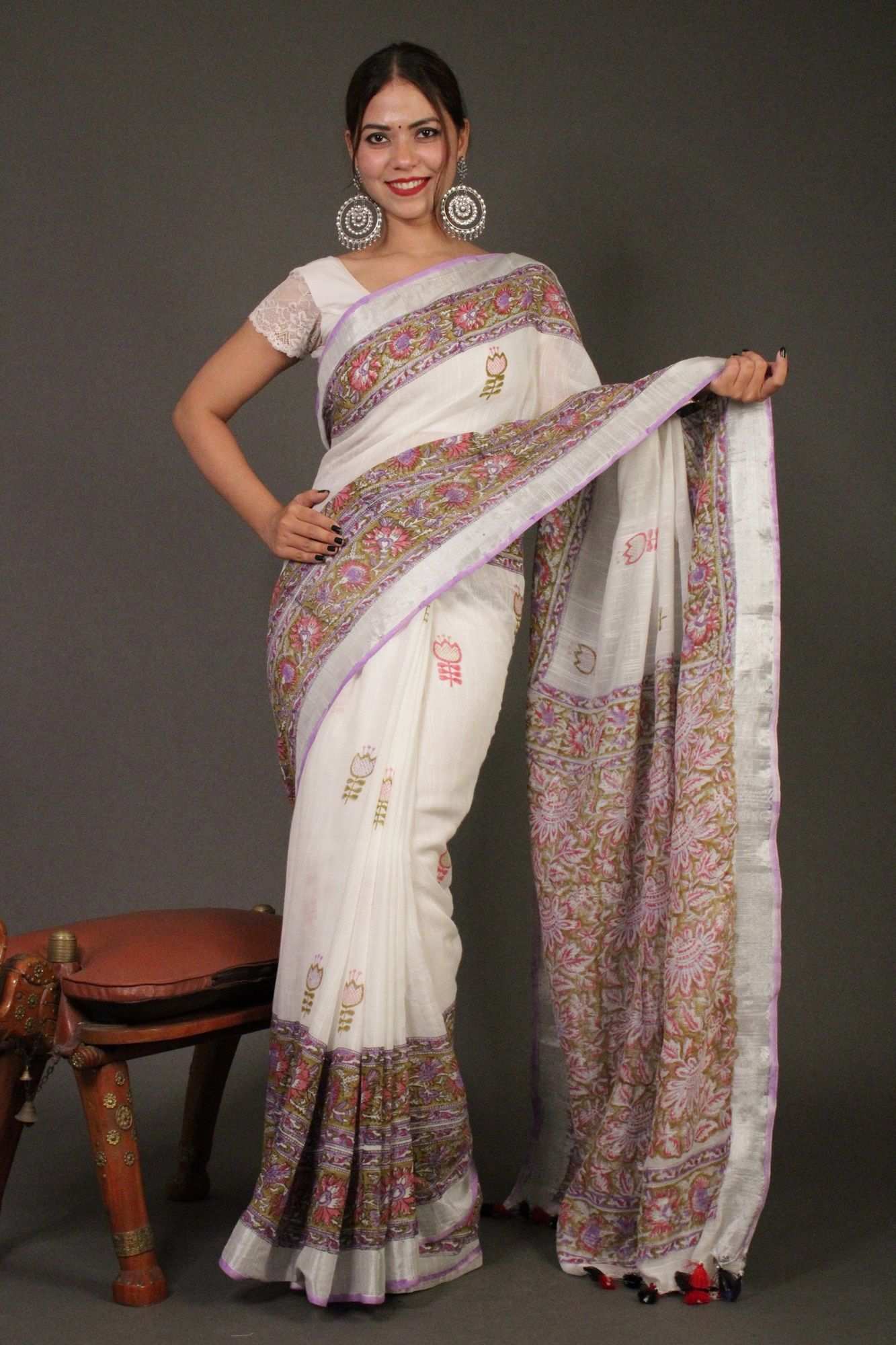 Cool and comfortable linen cotton vegetable dye printed  with Silver Zari Border Wrap in 1 minute saree - Image 4