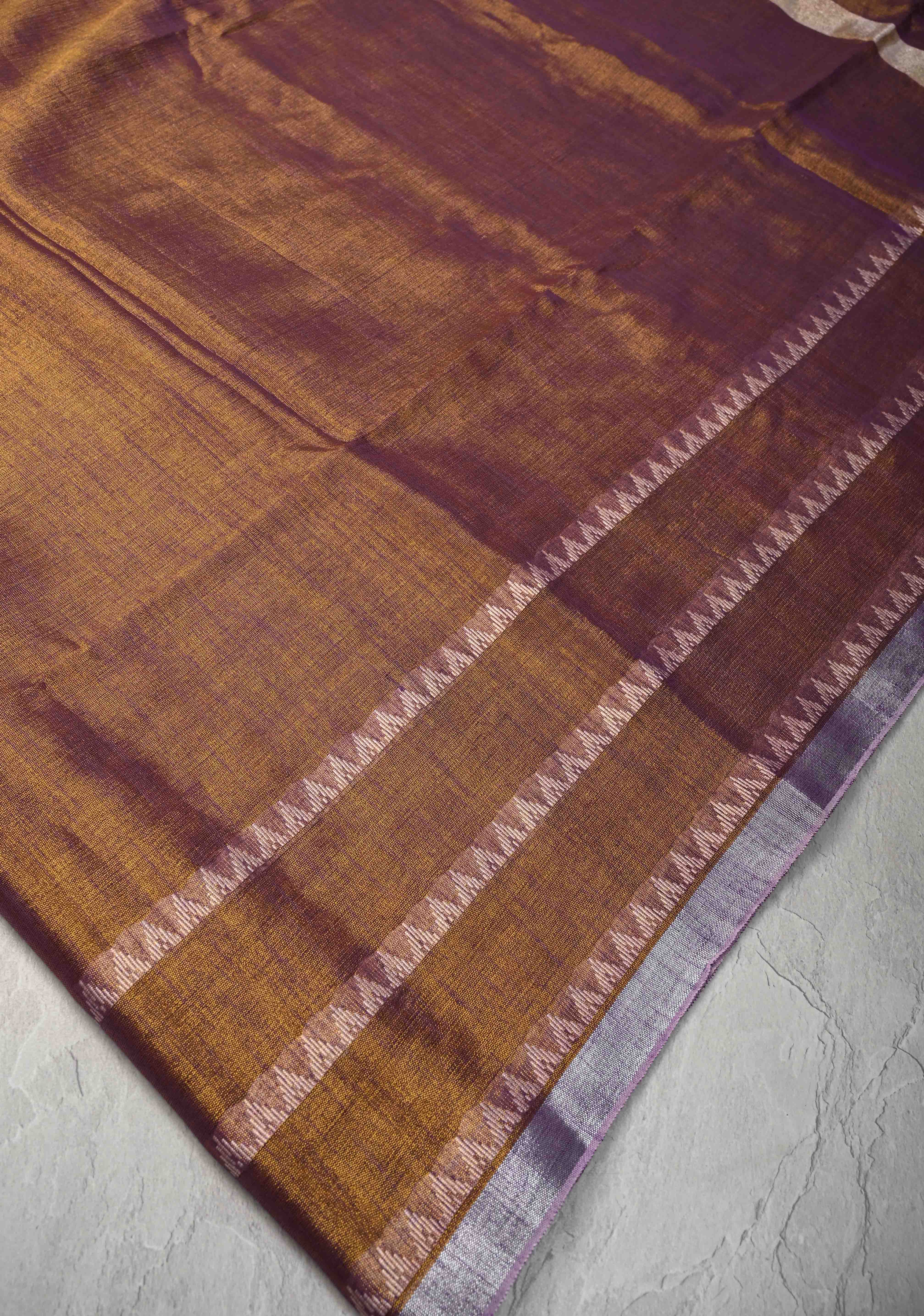 Camel Brown Dual tone Tissue by Tissue Saree with Temple Stripes and Minimal Borders | Shobitam - Image 7