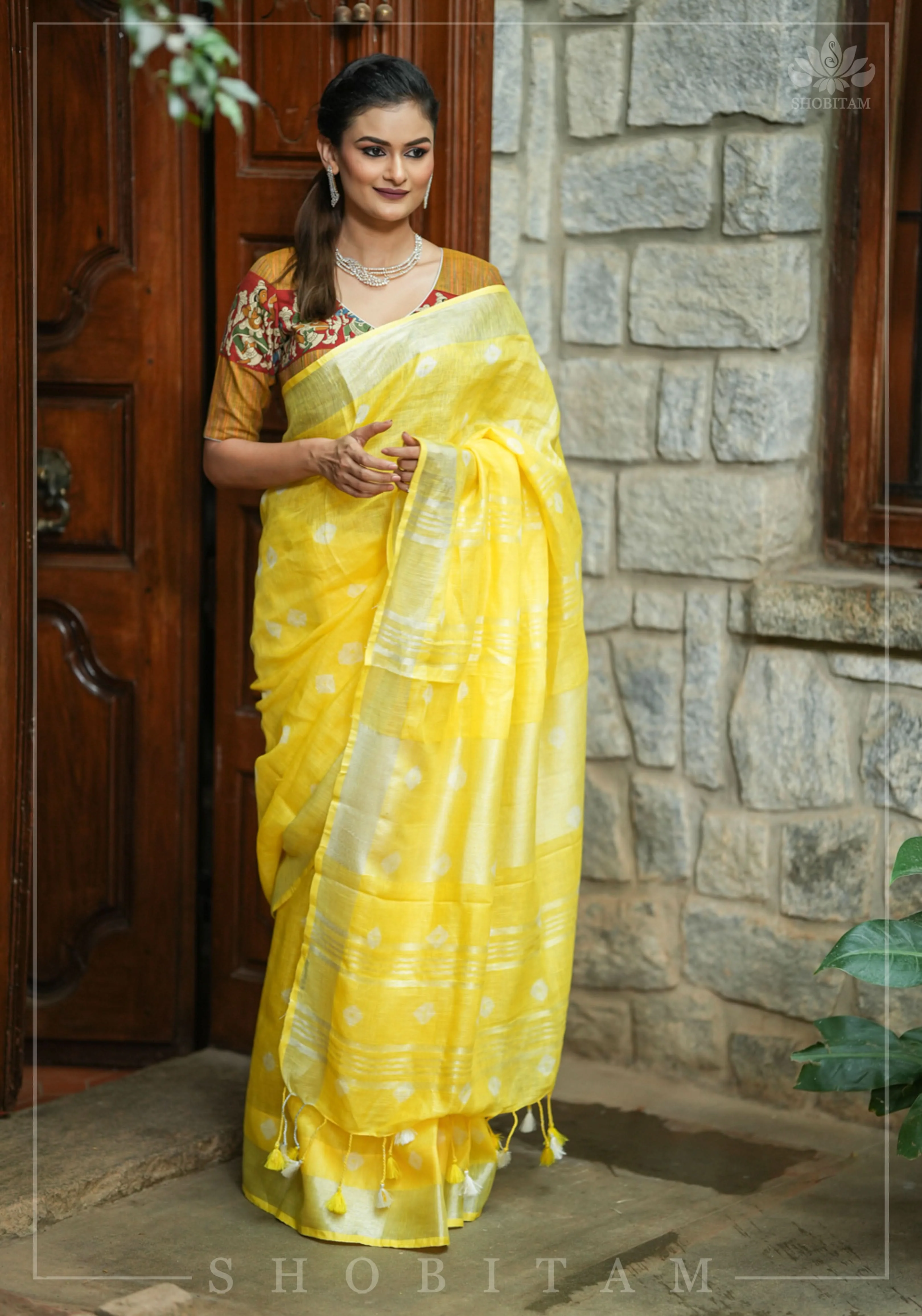Authentic Bandini - Shibori on Pure Linen by Linen Saree with Zari Border in Sunflower Yellow | Shobitam