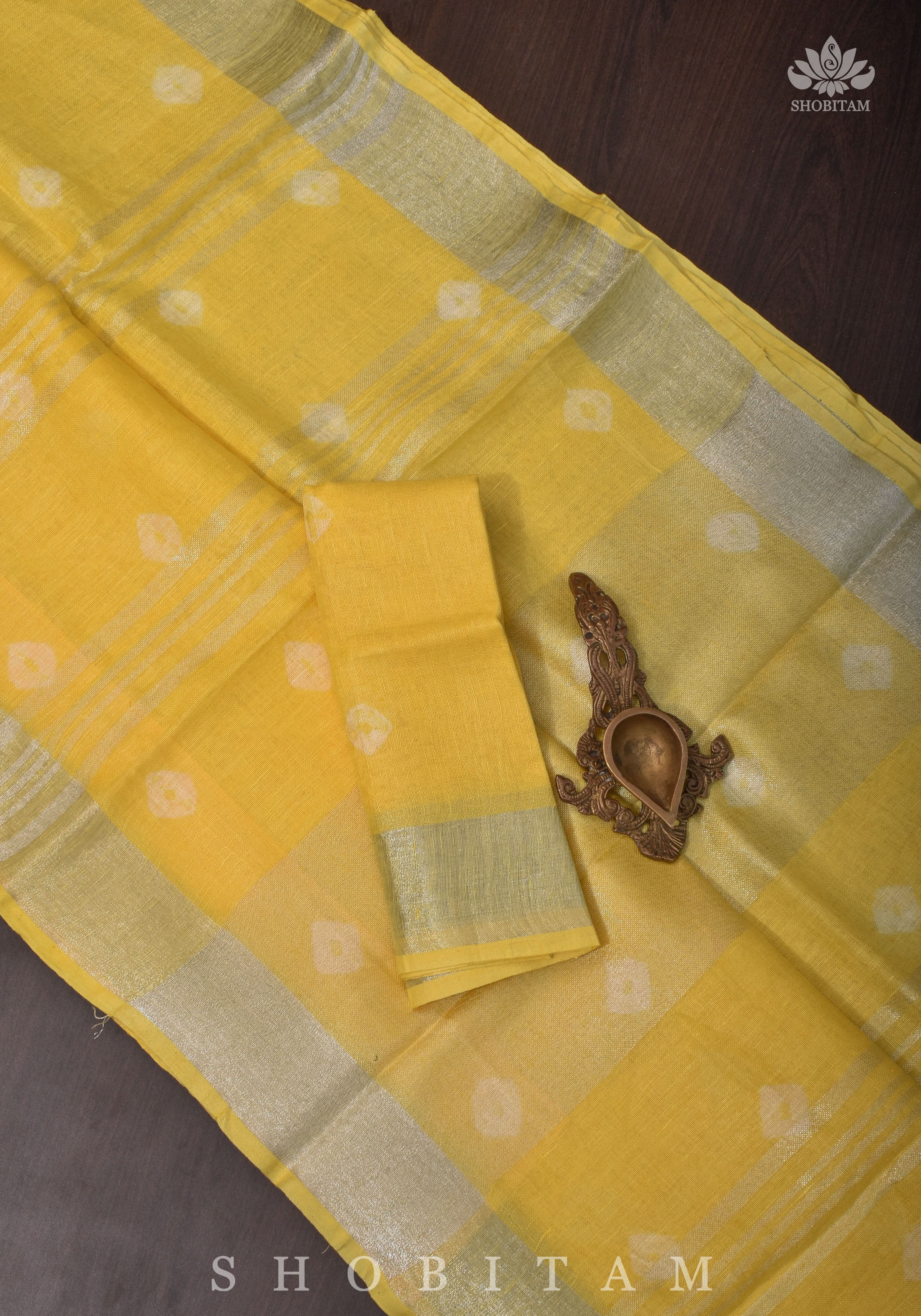 Authentic Bandini - Shibori on Pure Linen by Linen Saree with Zari Border in Sunflower Yellow | Shobitam - Image 8