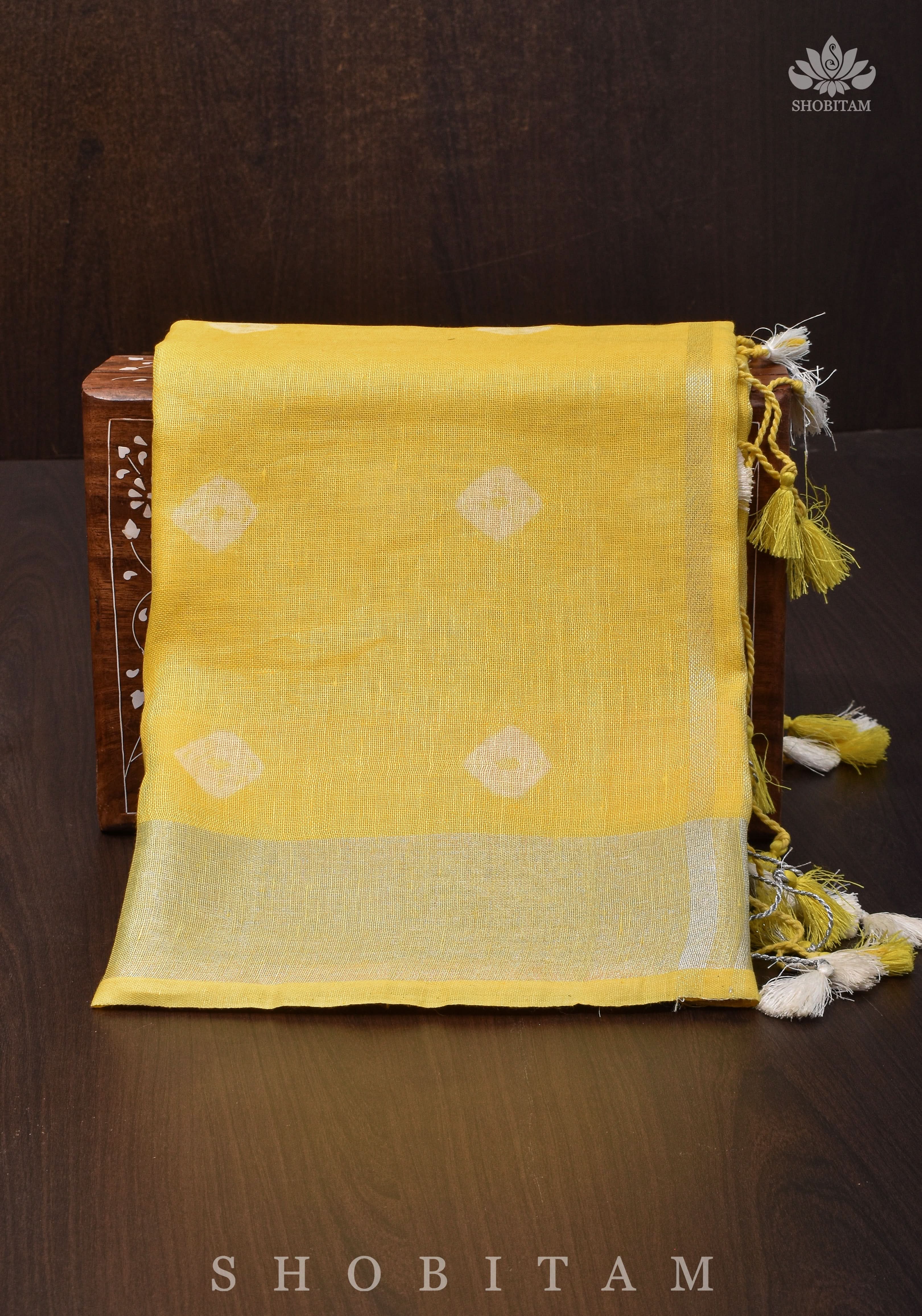 Authentic Bandini - Shibori on Pure Linen by Linen Saree with Zari Border in Sunflower Yellow | Shobitam - Image 9