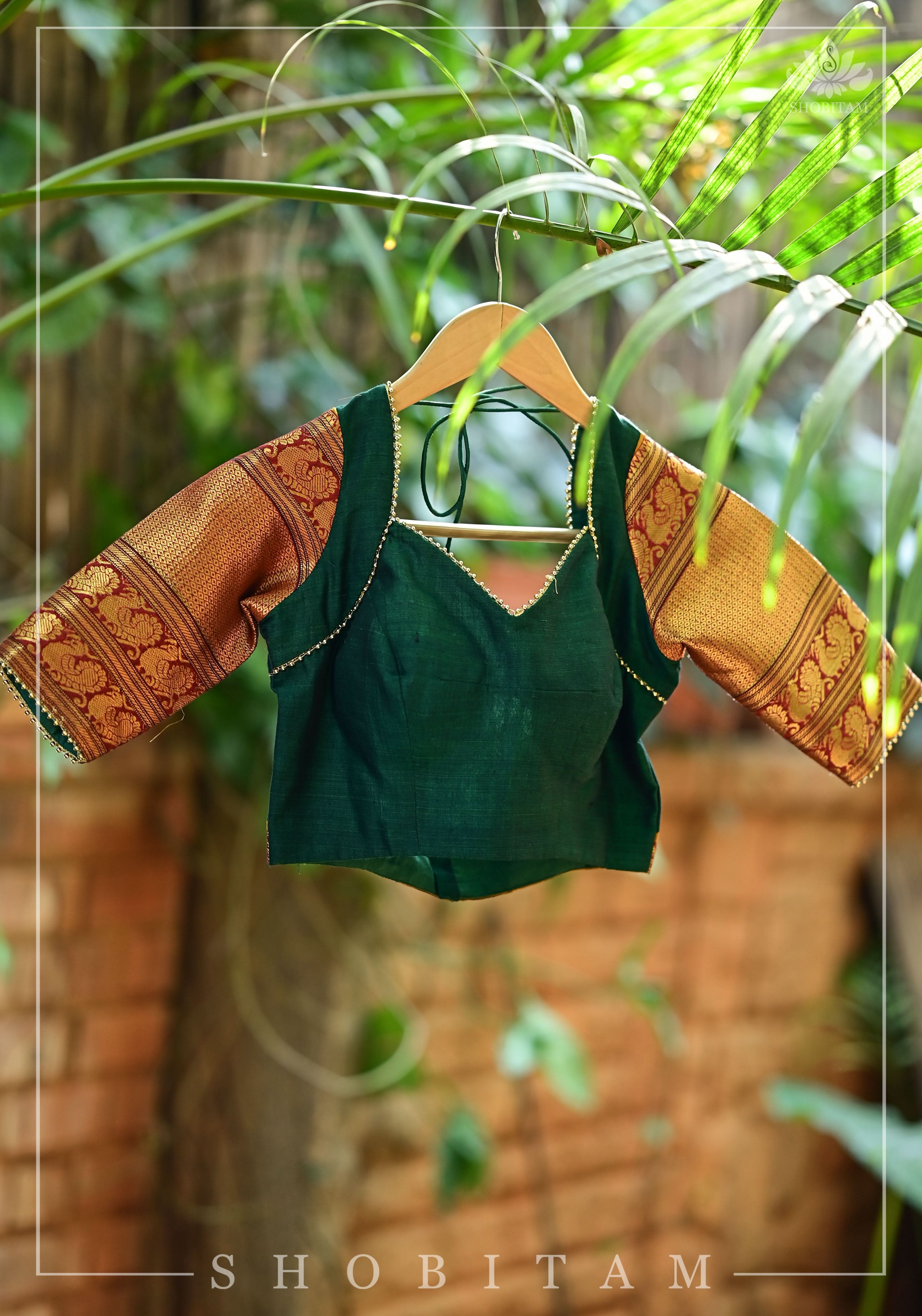 Emerald green narayanpet cotton sweet heart neck armband blouse | Shobitam - Image 3