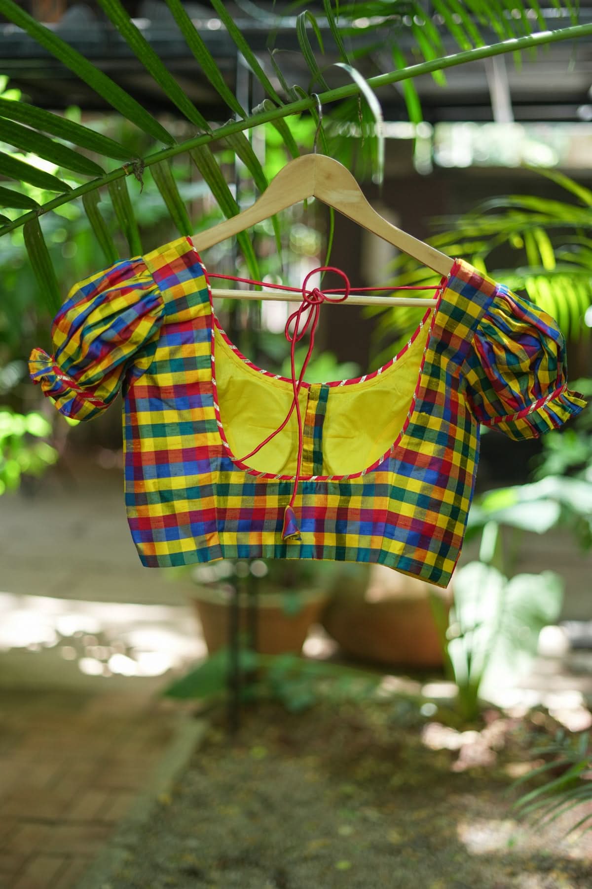 Multicolor small checked pure rawsilk u neck blouse with puff sleeves | Shobitam - Image 5