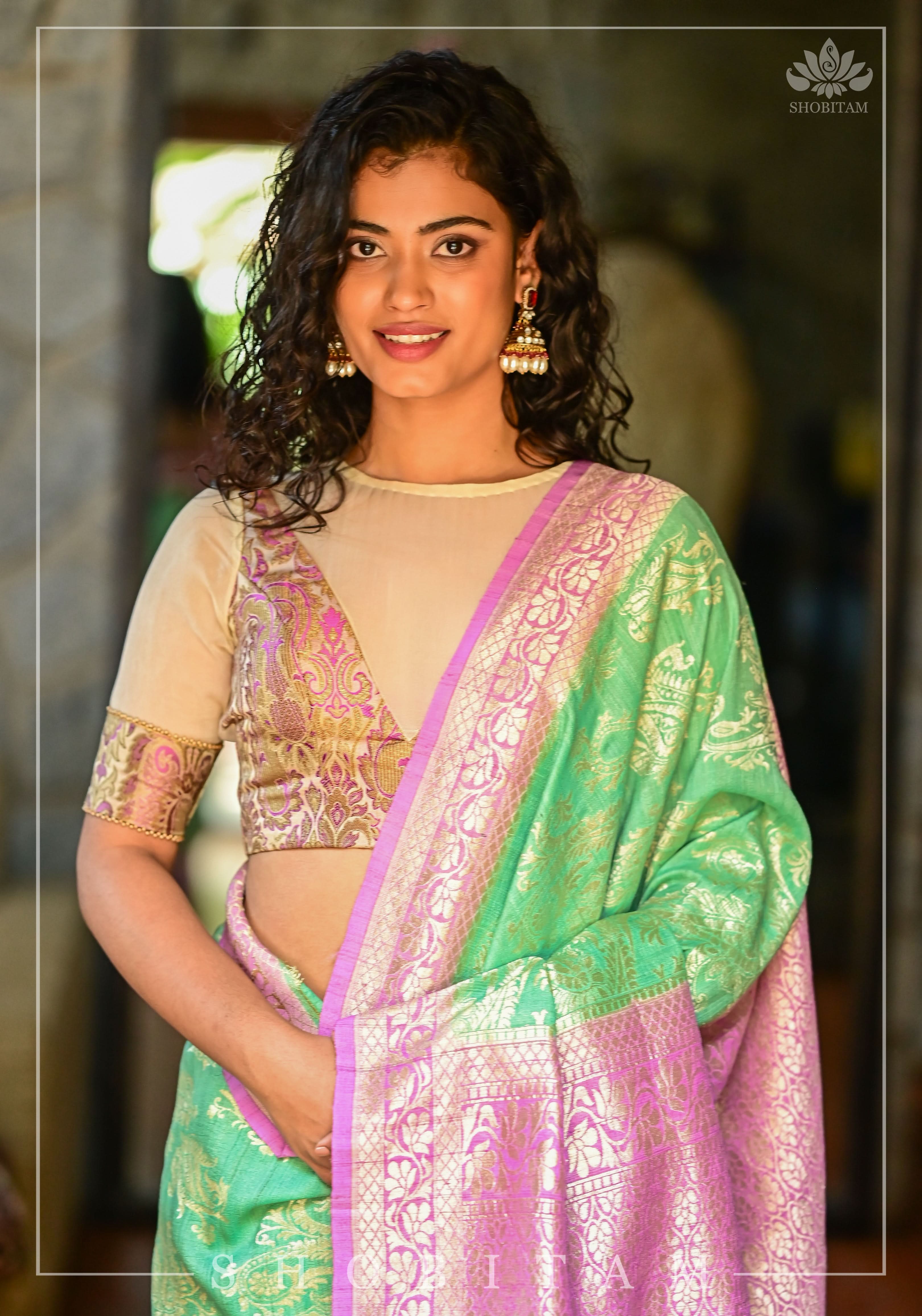 Purple Banarasi Blouse with sheer yoke, back and sleeves in beige net | Shobitam - Image 13