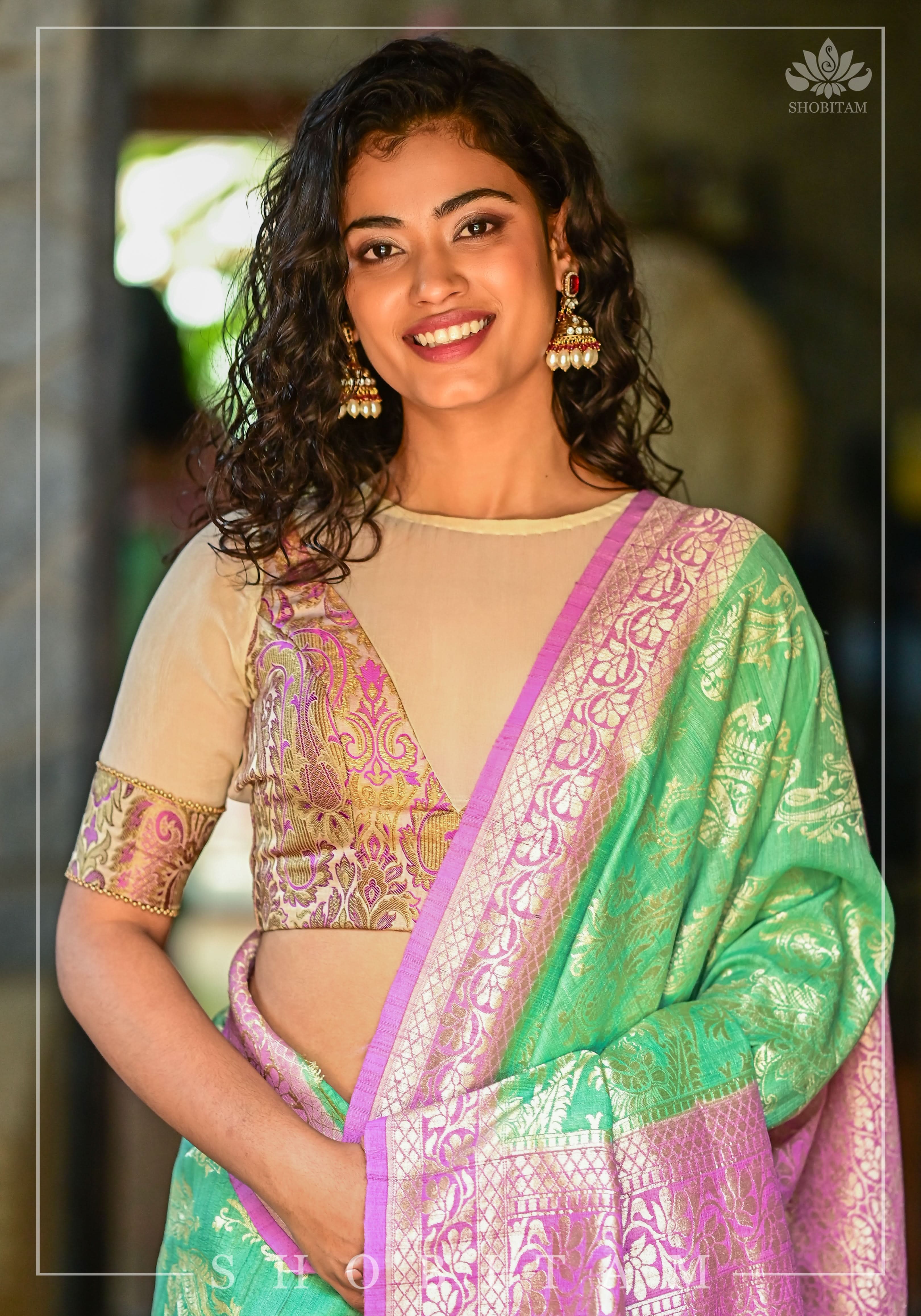 Purple Banarasi Blouse with sheer yoke, back and sleeves in beige net | Shobitam - Image 17